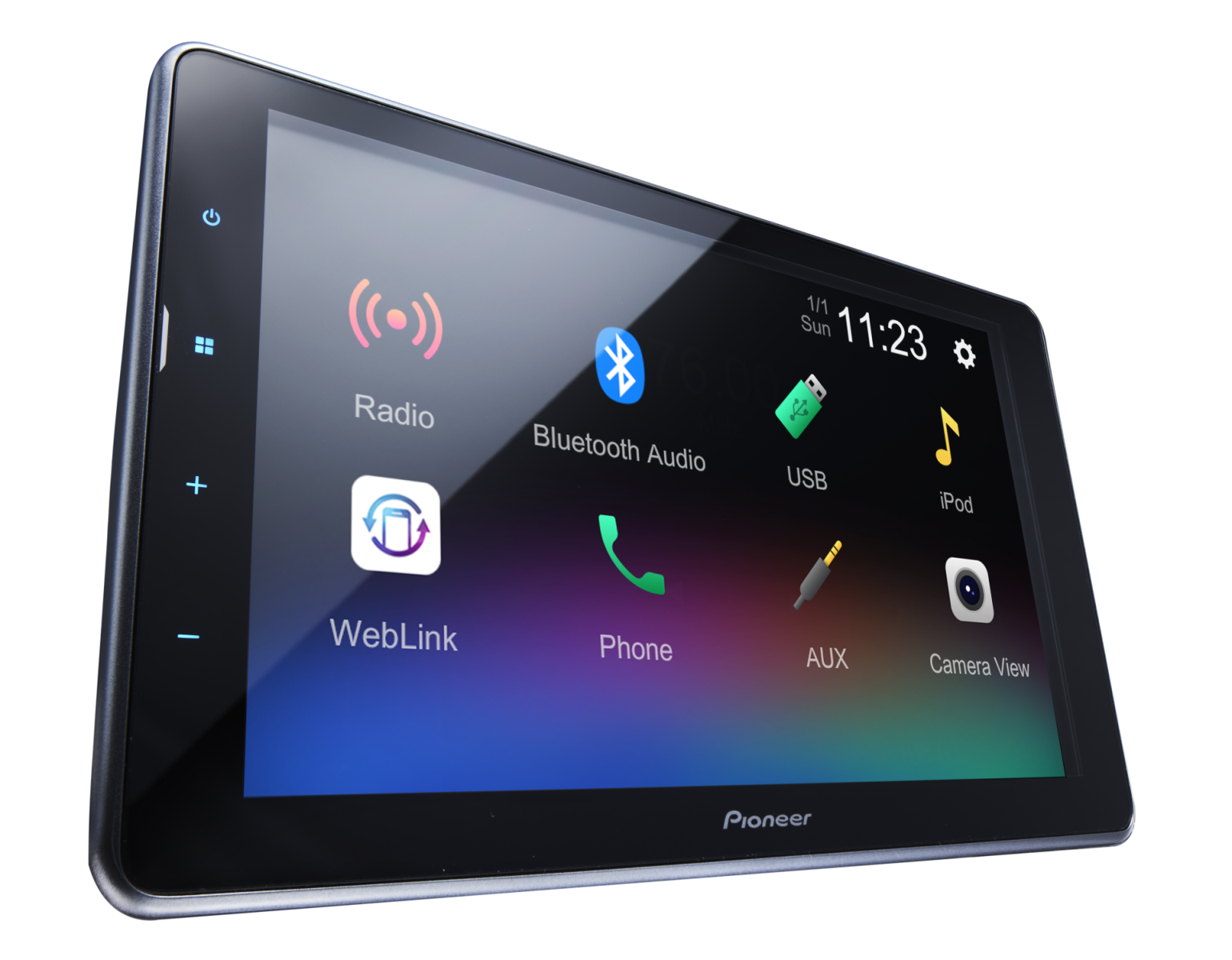 Estéreo de coche Pioneer con pantalla táctil que muestra iconos. Incluye radio, teléfono y USB. Blanco.
