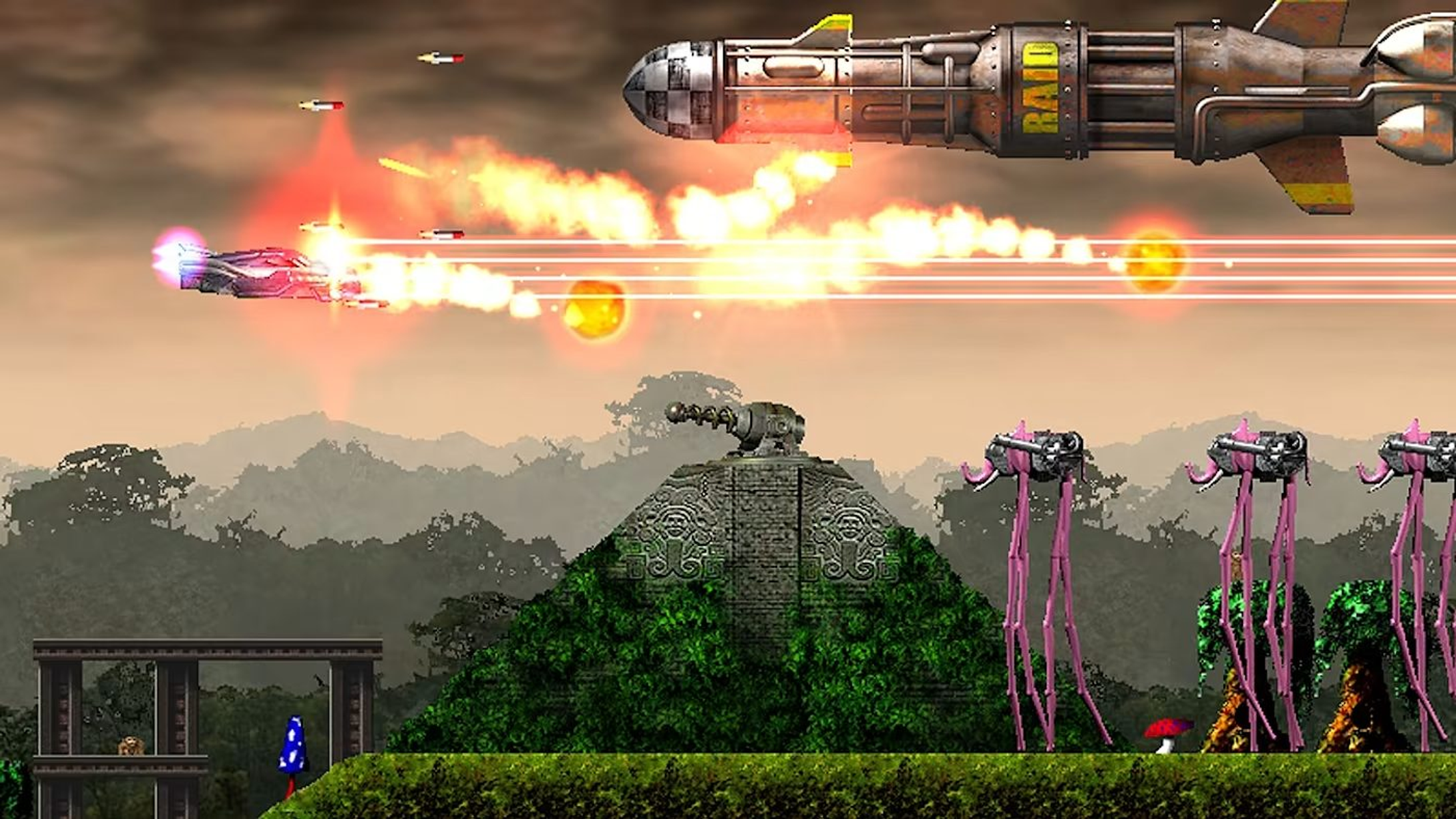 Scena pixel art di un'astronave che spara a una nave. Ci sono razzi, un tempio e mostri.