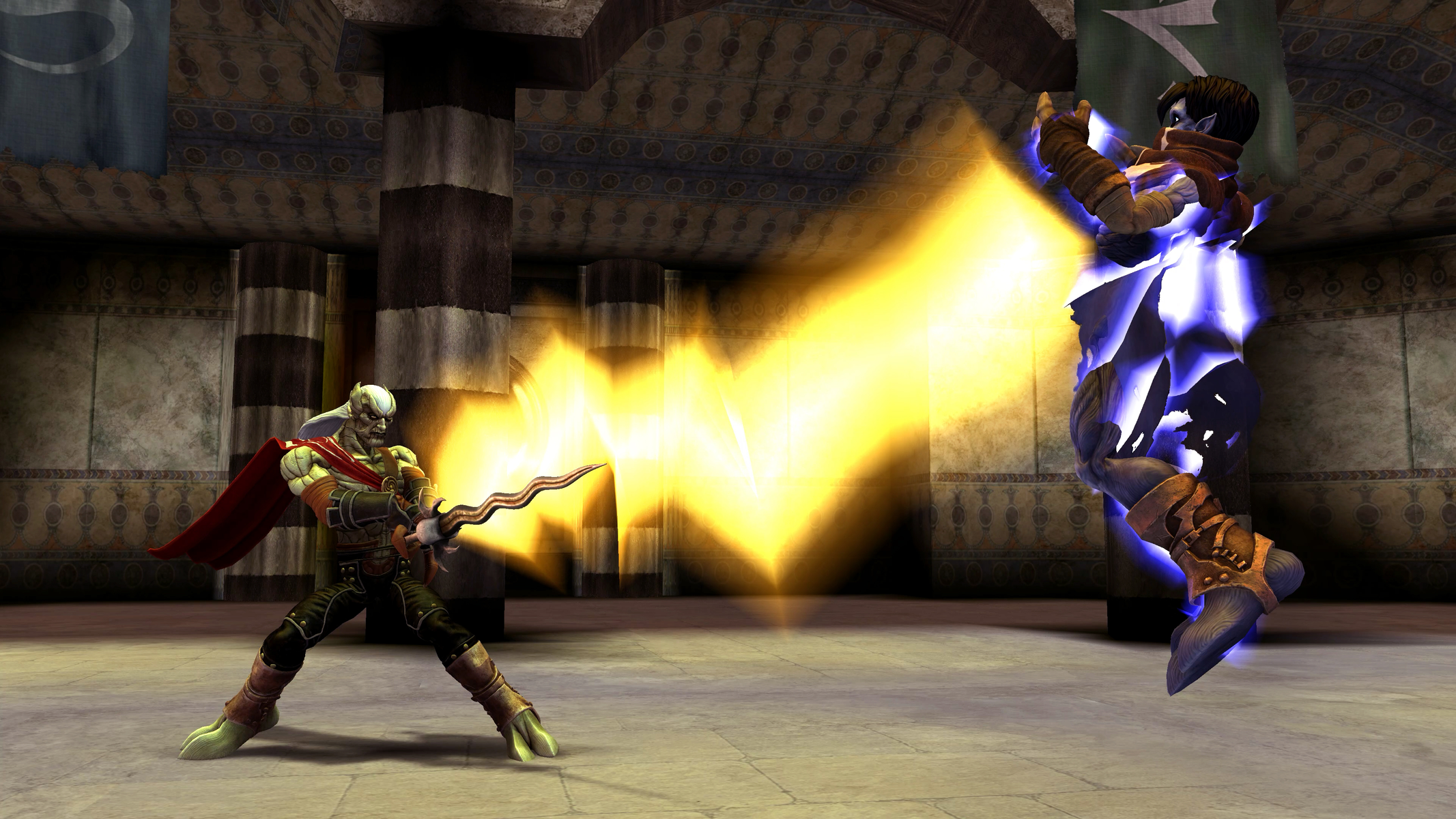 Dos figuras en una escena de juego de fantasía, una con espada, la otra con energía.