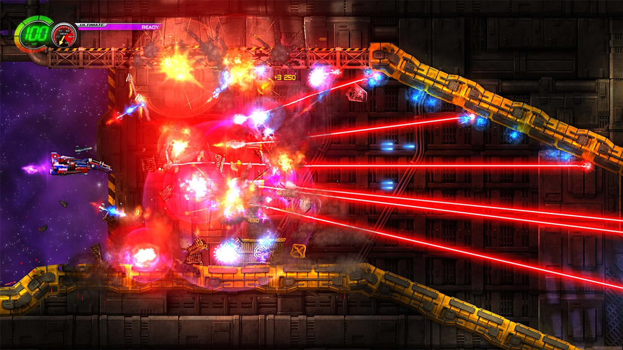 Una scena di videogioco con esplosioni, laser e un'astronave che spara.