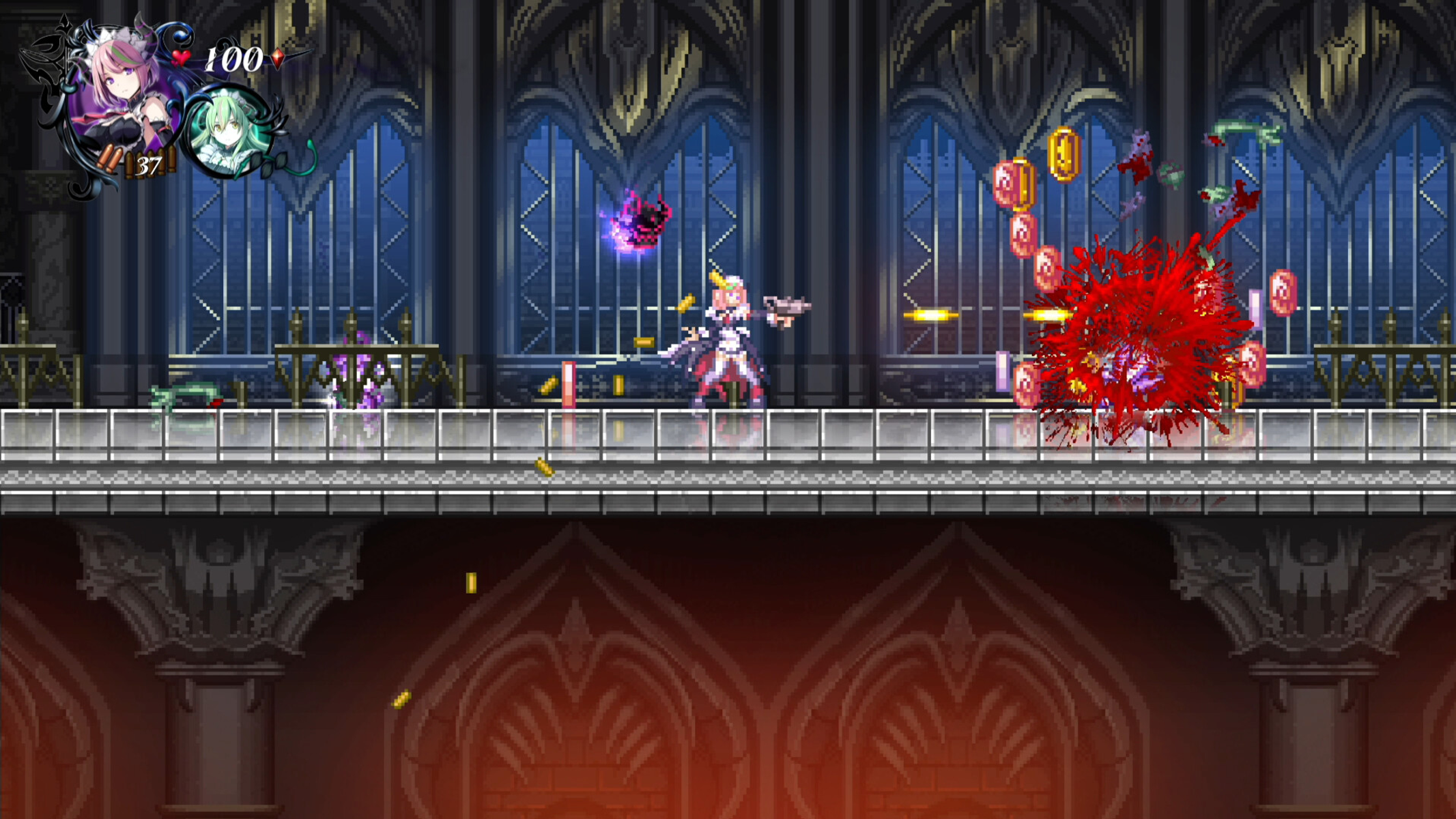 Una scena di videogioco pixelata con un personaggio bianco che spara. Sono presenti nemici e monete.