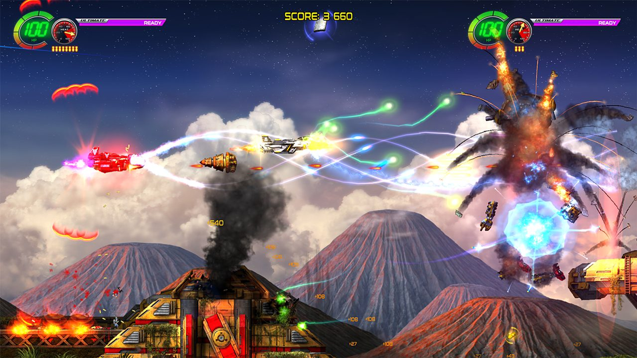 Scena di videogioco con aerei che sparano a strutture e vulcani.