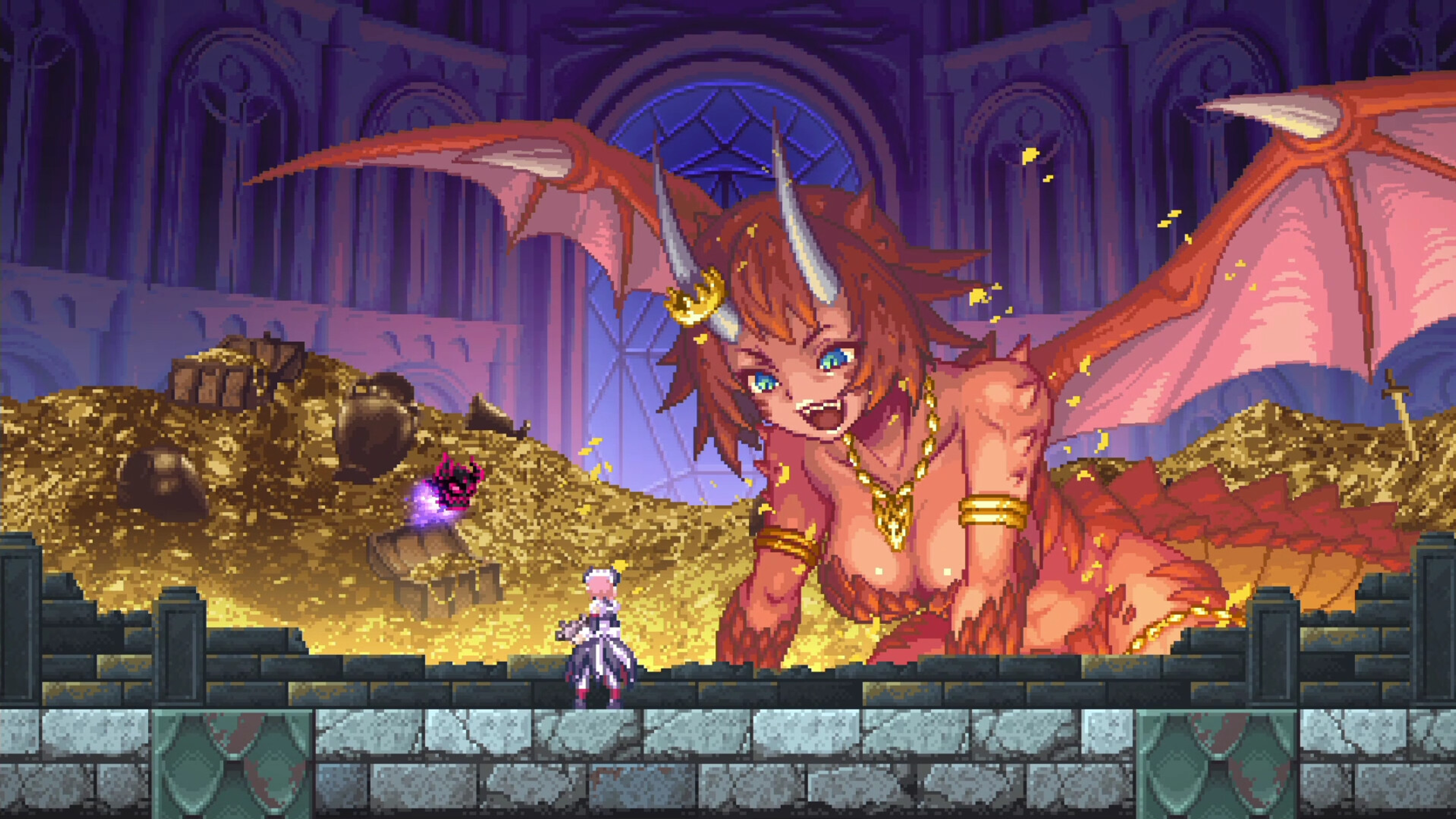 Pixel art di una donna-drago, oro e un cavaliere in un castello.