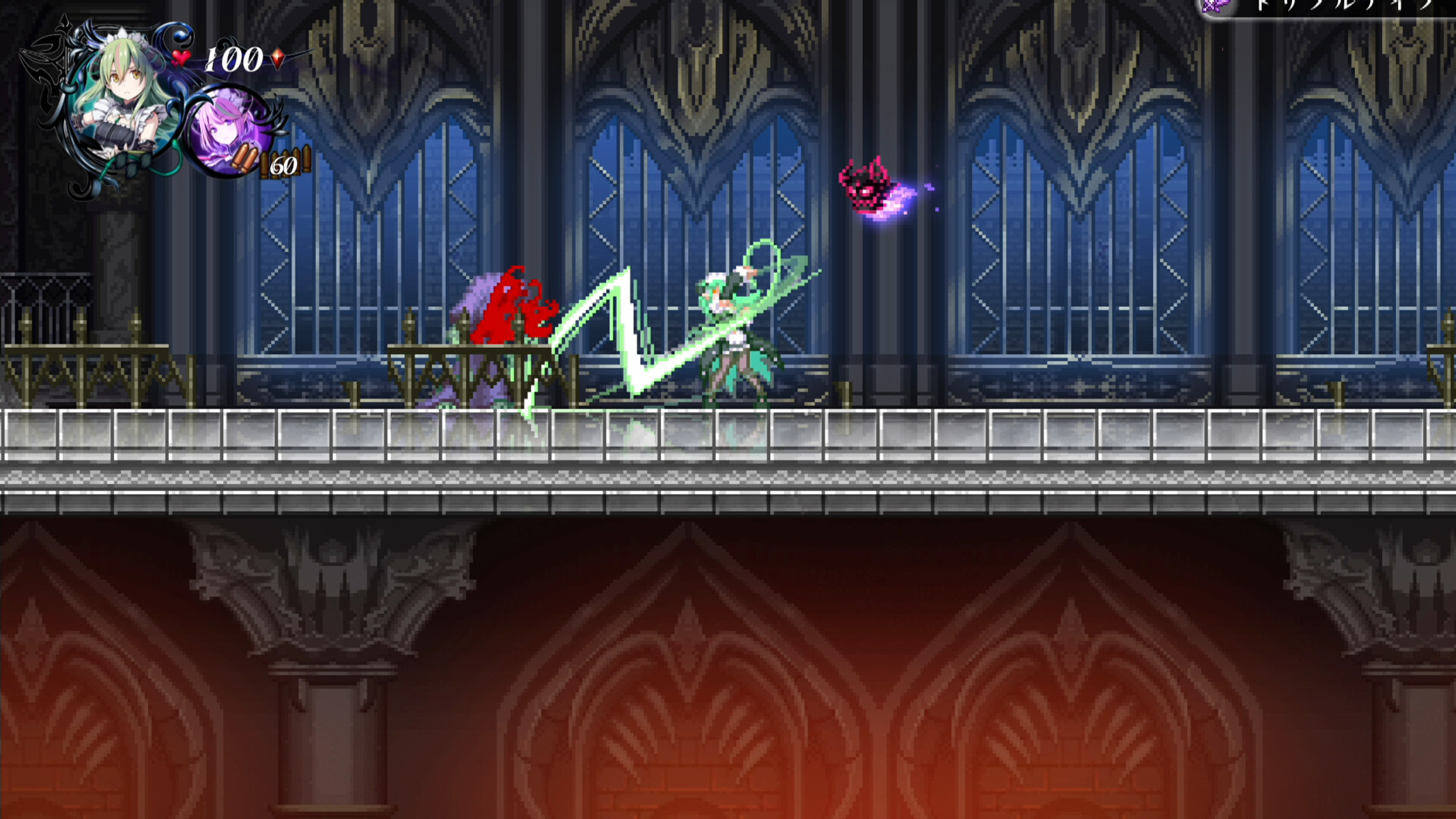 Scena pixel art: un guerriero combatte contro mostri in un castello oscuro. Azione ed effetti dinamici.