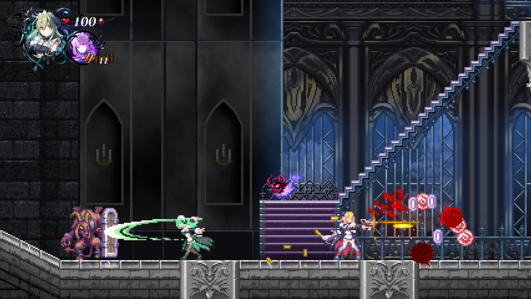 Scena pixelata di videogioco con personaggi fantasy che combattono.