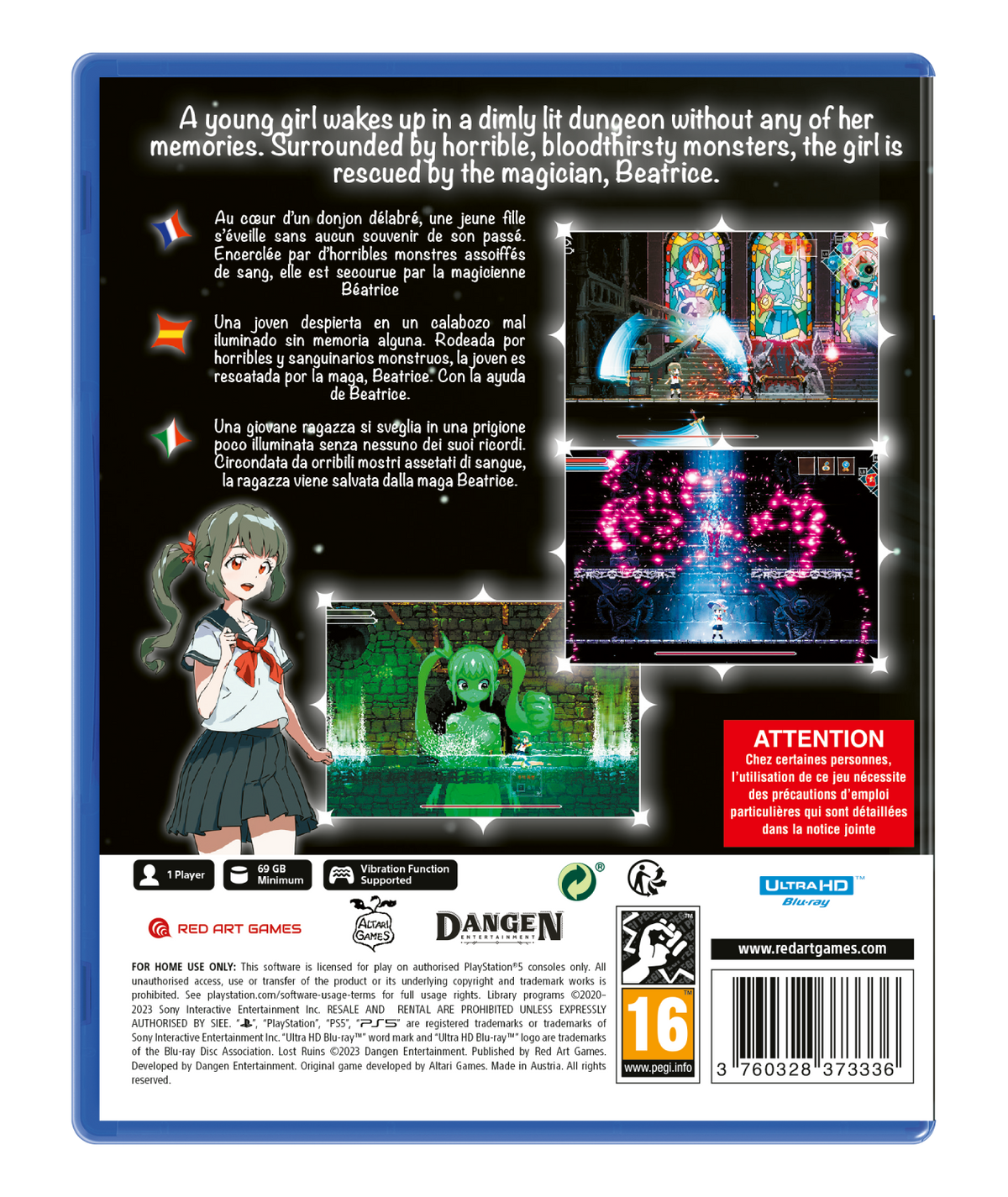 Parte trasera de una caja de videojuego con arte y texto en varios idiomas.