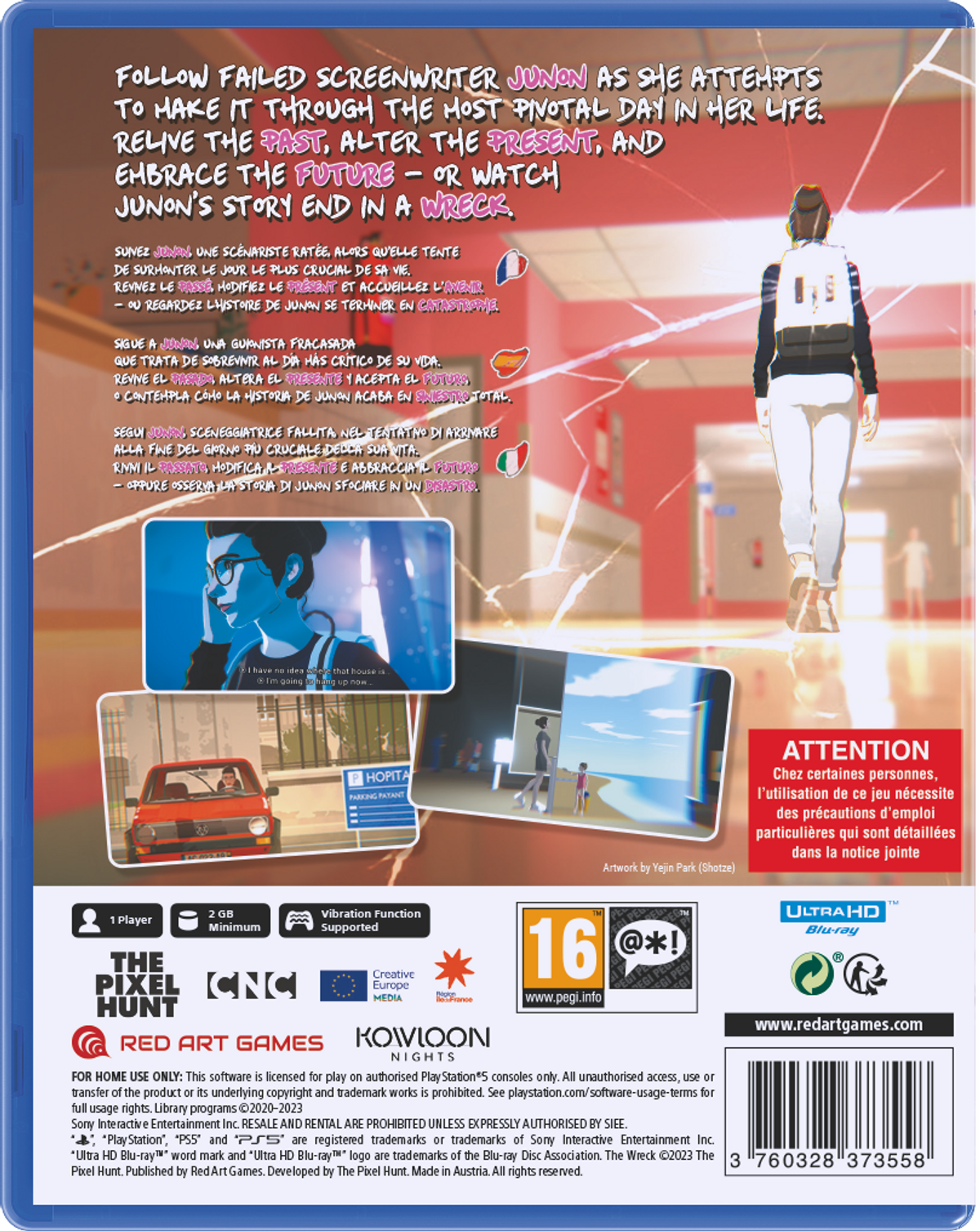 Contraportada de caja de videojuego con ilustración de dibujos animados, texto e imágenes de personajes.