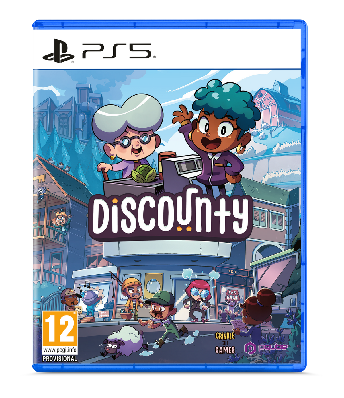 Portada del juego PS5; escena de dibujos animados colorida, t ítulo Discounty.