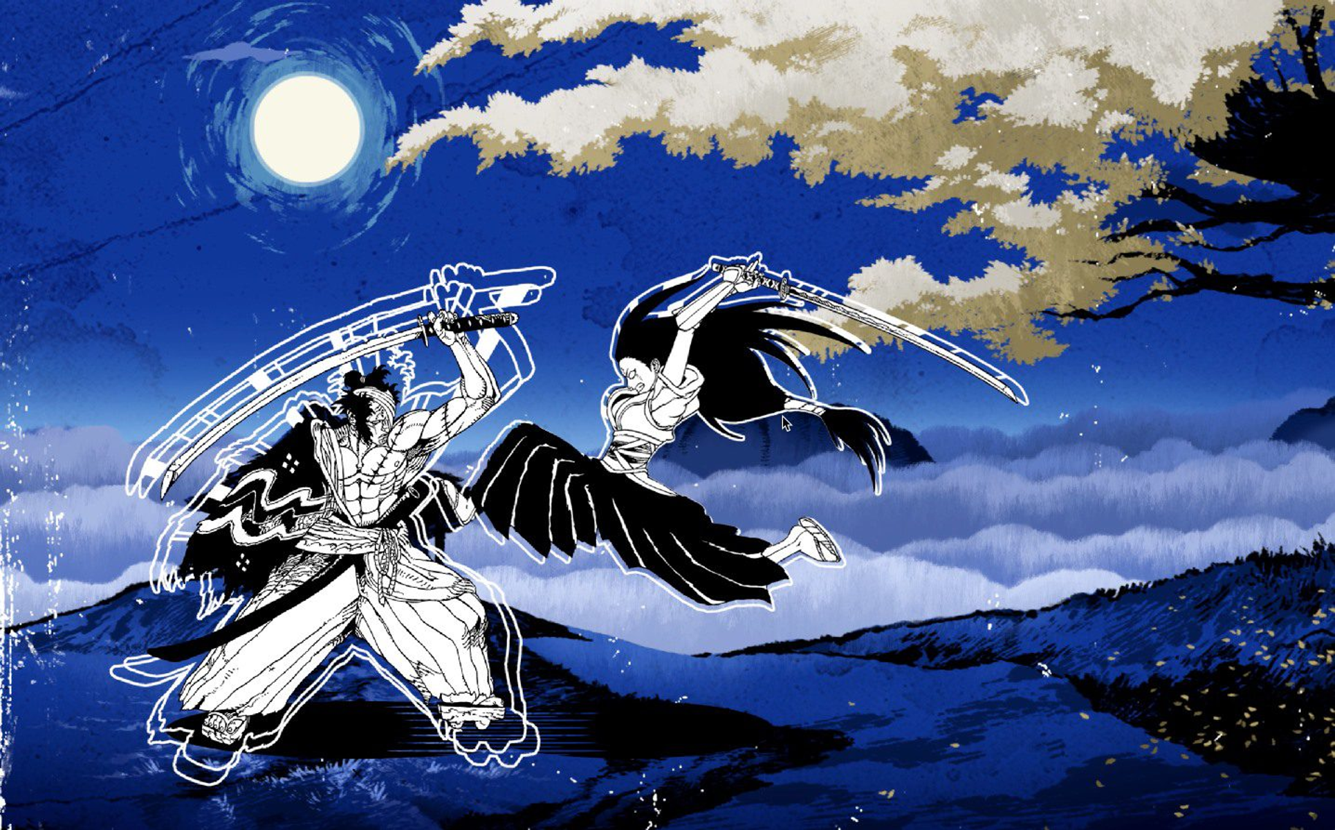Ilustración estilo anime: dos figuras en un combate de espadas bajo la luz de la luna.