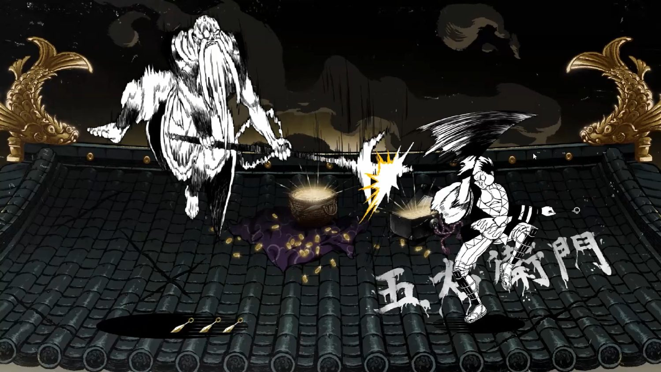 Ilustración a tinta de una escena de lucha en una azotea con dos figuras. Texto japonés.