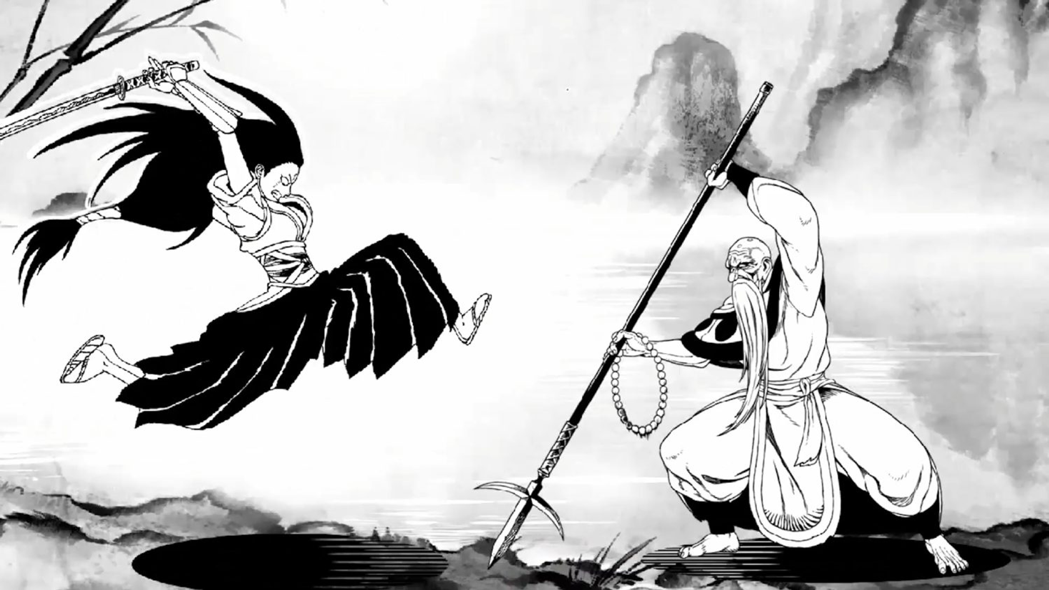 Dibujo a tinta de dos artistas marciales en acción, uno con espada, el otro con bastón.