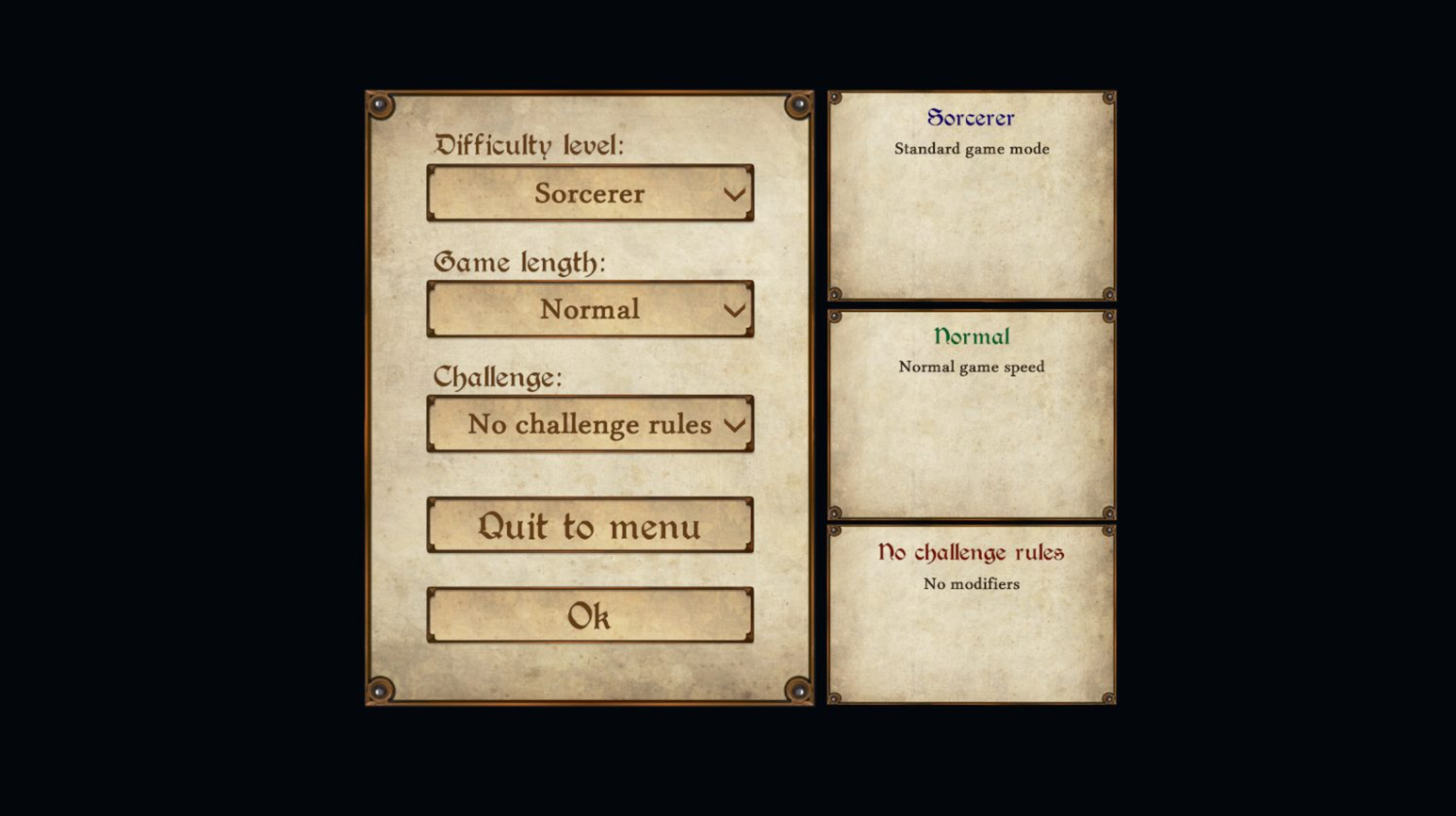 Menu gry z opcjami trudności i długości. Opcje: Sorcerer, Normal i No challenge rules.