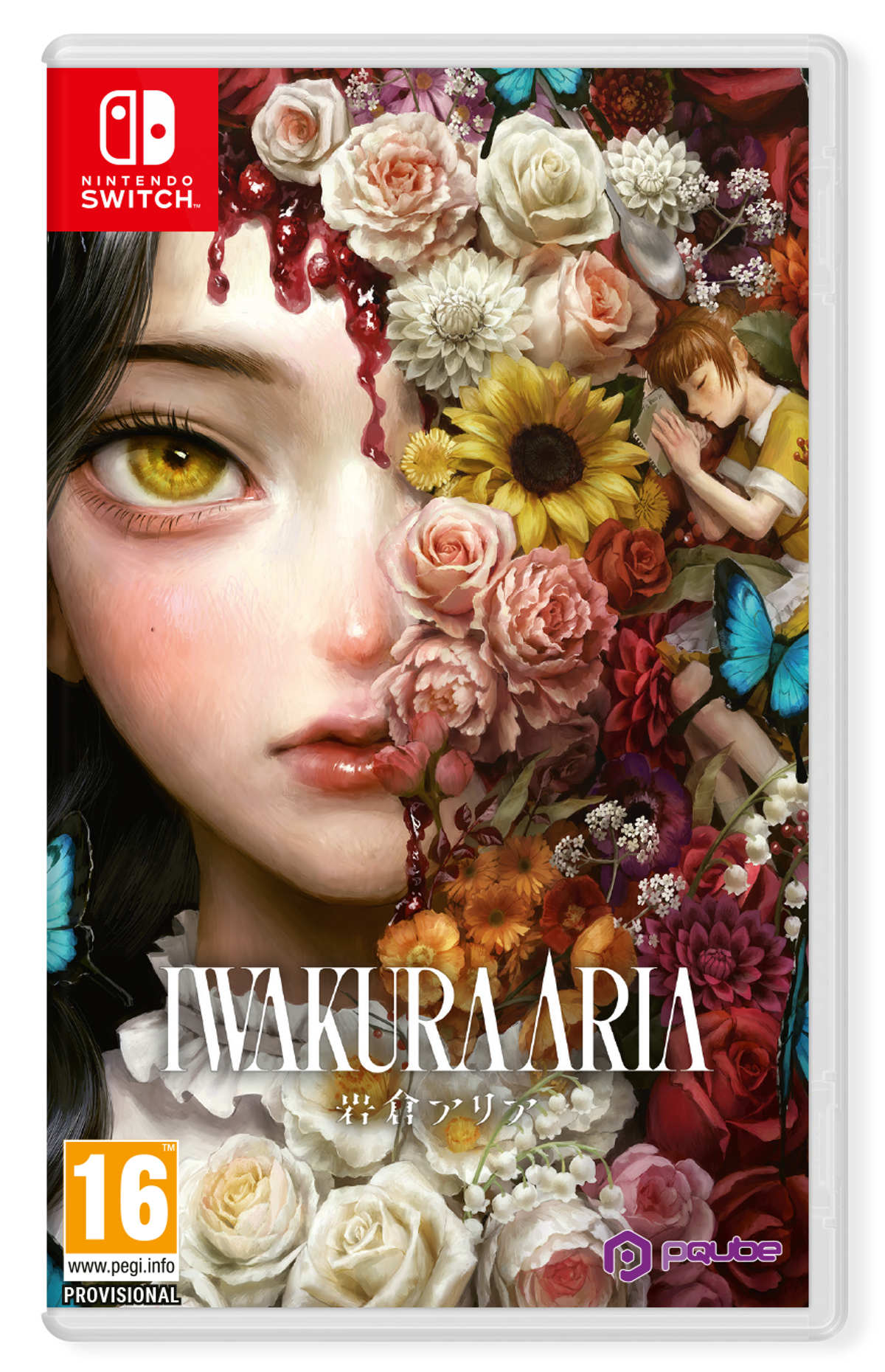Arte de caja de juego con rostro de mujer con flores, mariposas y un niño rezando.