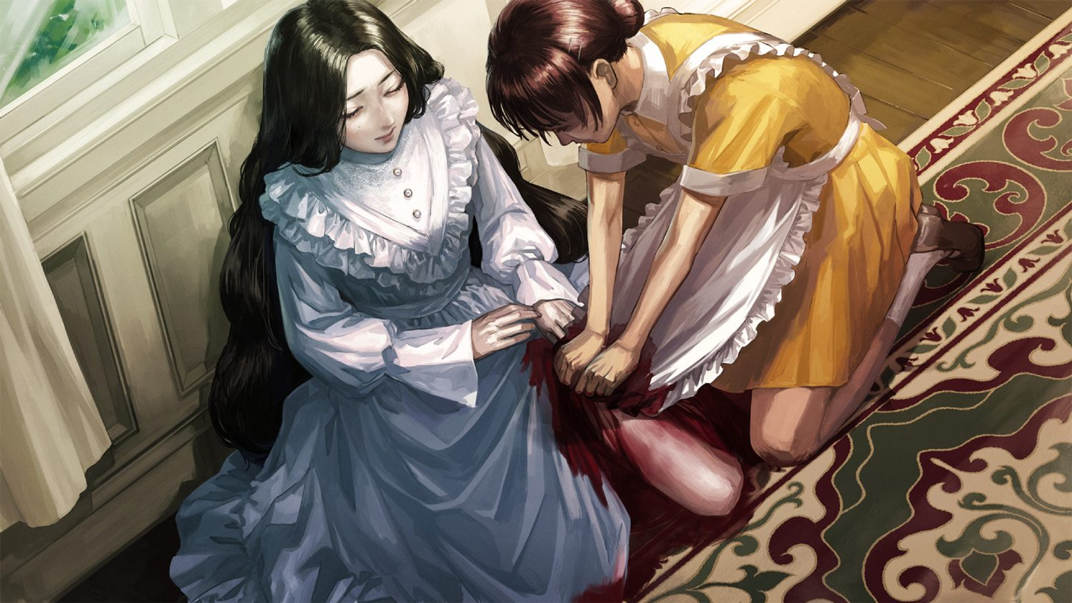 Dos mujeres, una con vestido azul, otra con amarillo, cerca de una ventana. Sangre en el suelo, escena dramática.
