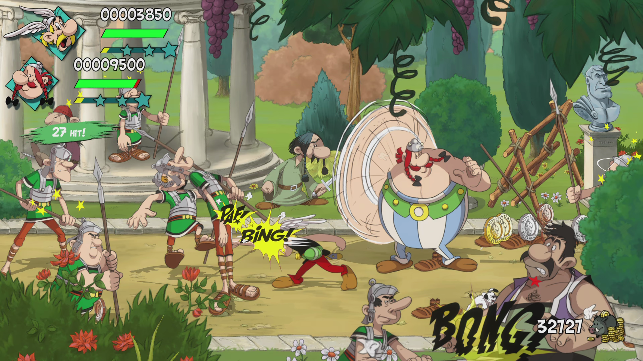 Astérix luchando contra romanos en una escena de dibujos animados. Incluye Astérix y romanos.