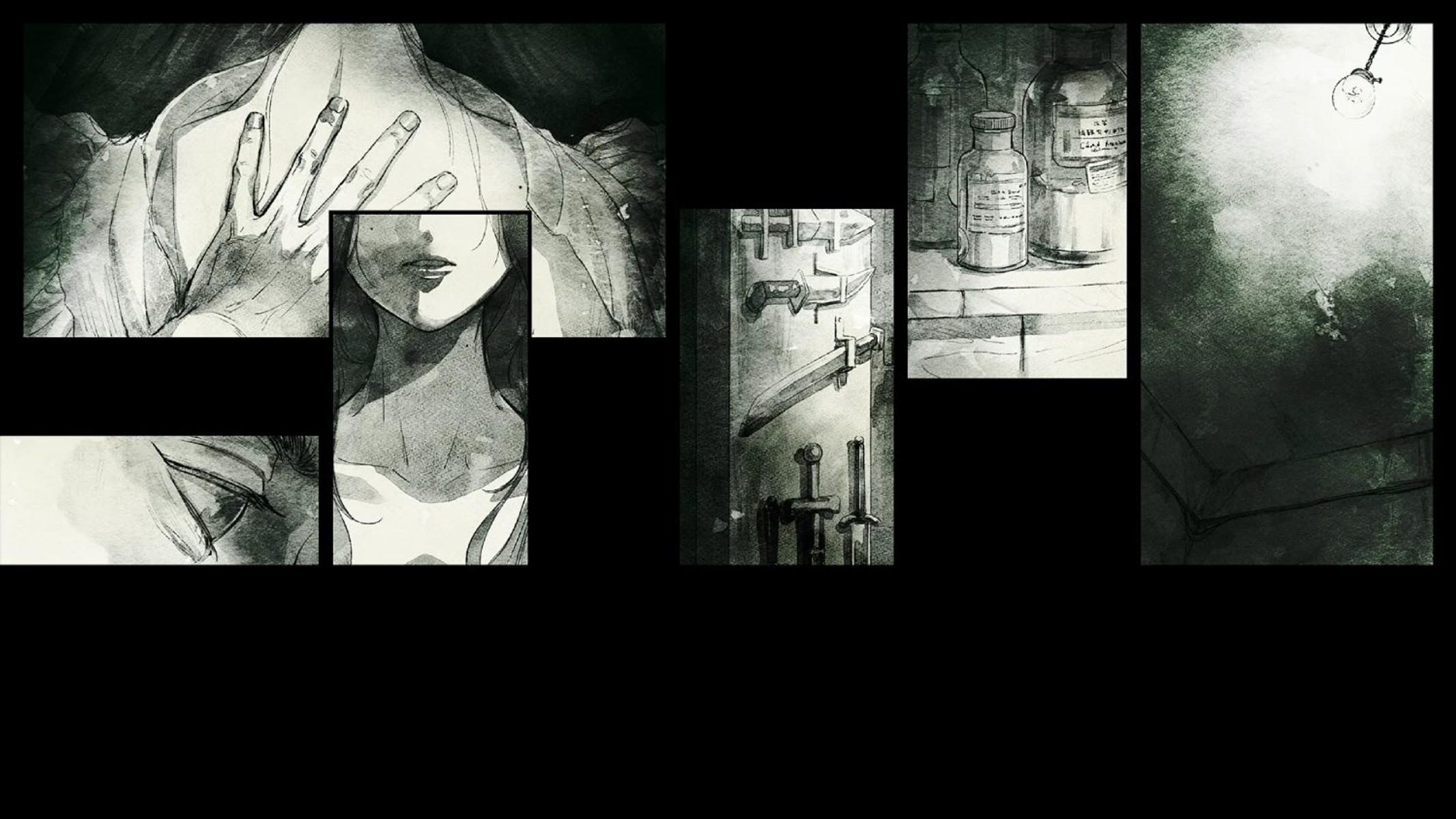 Una collezione di illustrazioni in scala di grigi, tra cui mani, volti e bottiglie, su sfondo nero.