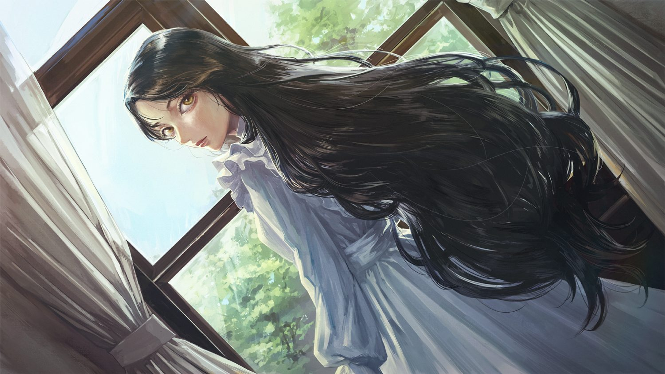Illustrazione in stile anime di una donna con lunghi capelli neri che guarda fuori da una finestra.