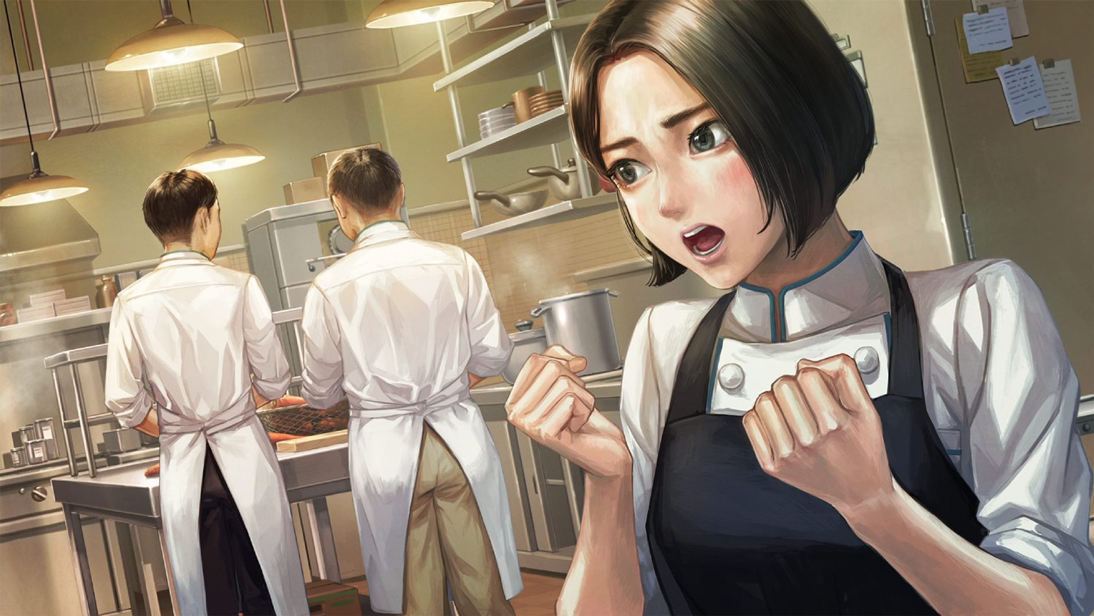 Illustrazione di uno chef in cucina che sembra scioccato, con altri due chef sullo sfondo.