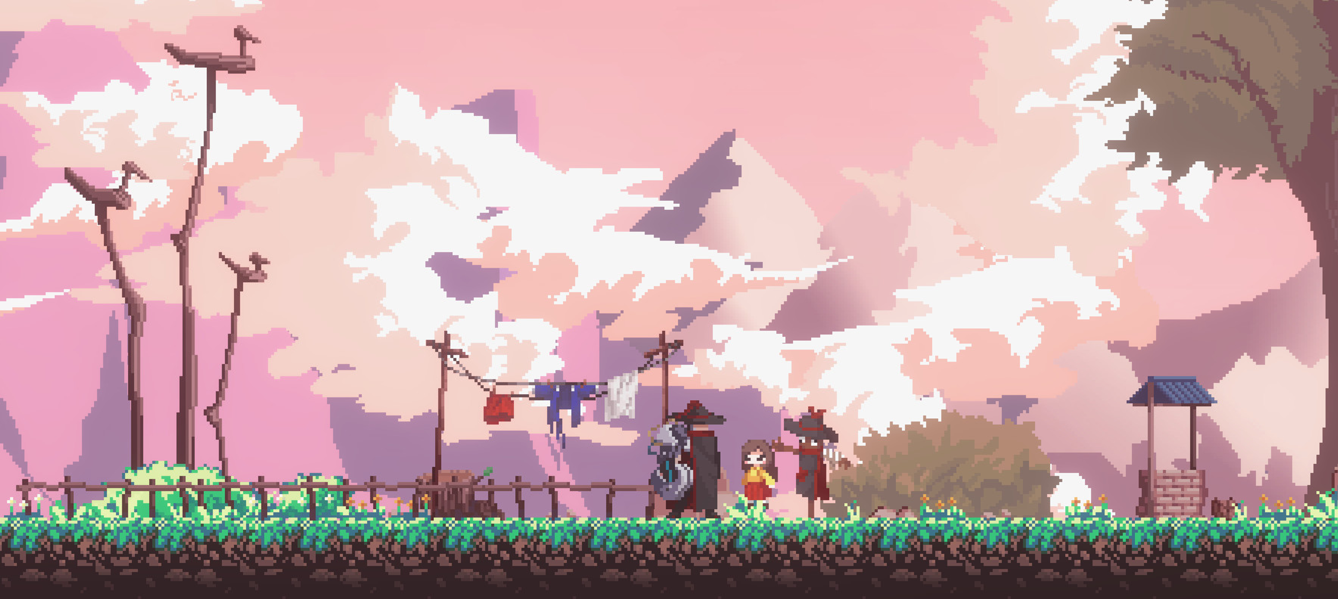 Ilustración pixelada de un paisaje rural con figuras caminando, cielo rosa, árboles y un pozo.