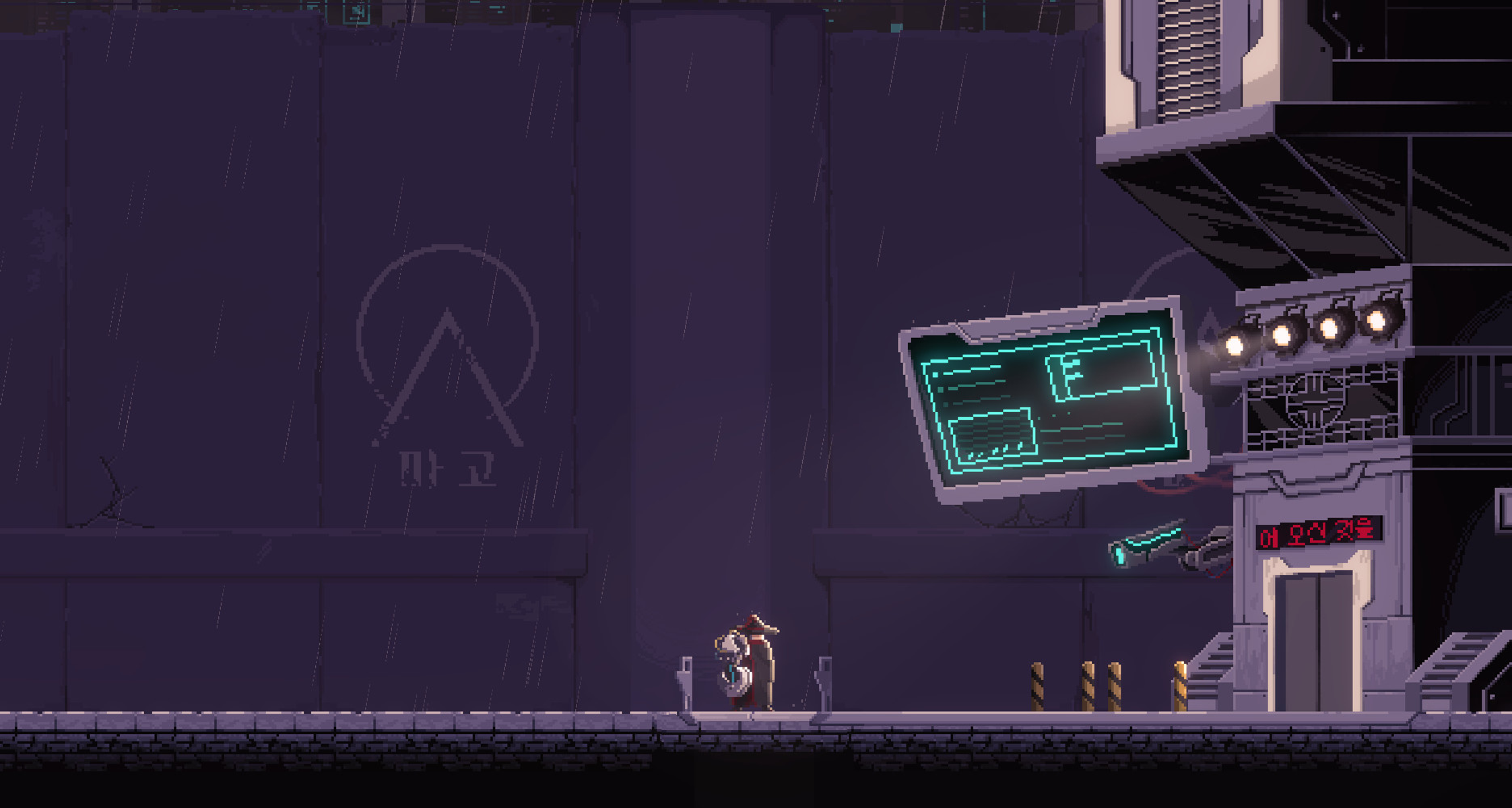 Escena de juego pixelada. Personaje camina en plataforma en ciudad futurista lluviosa.