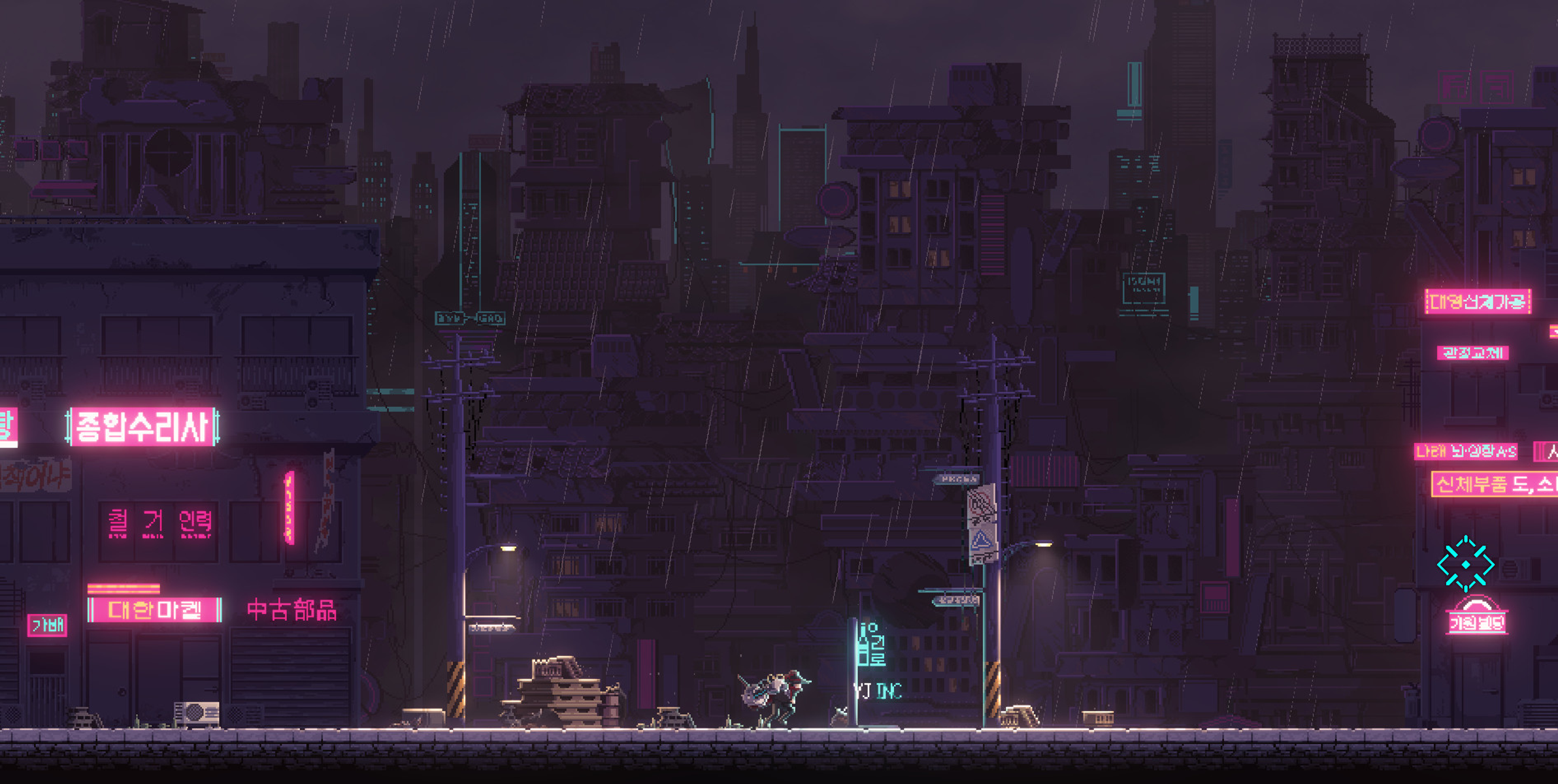 Escena de ciudad pixel art durante una tormenta. Letreros de neón y edificios cyberpunk.