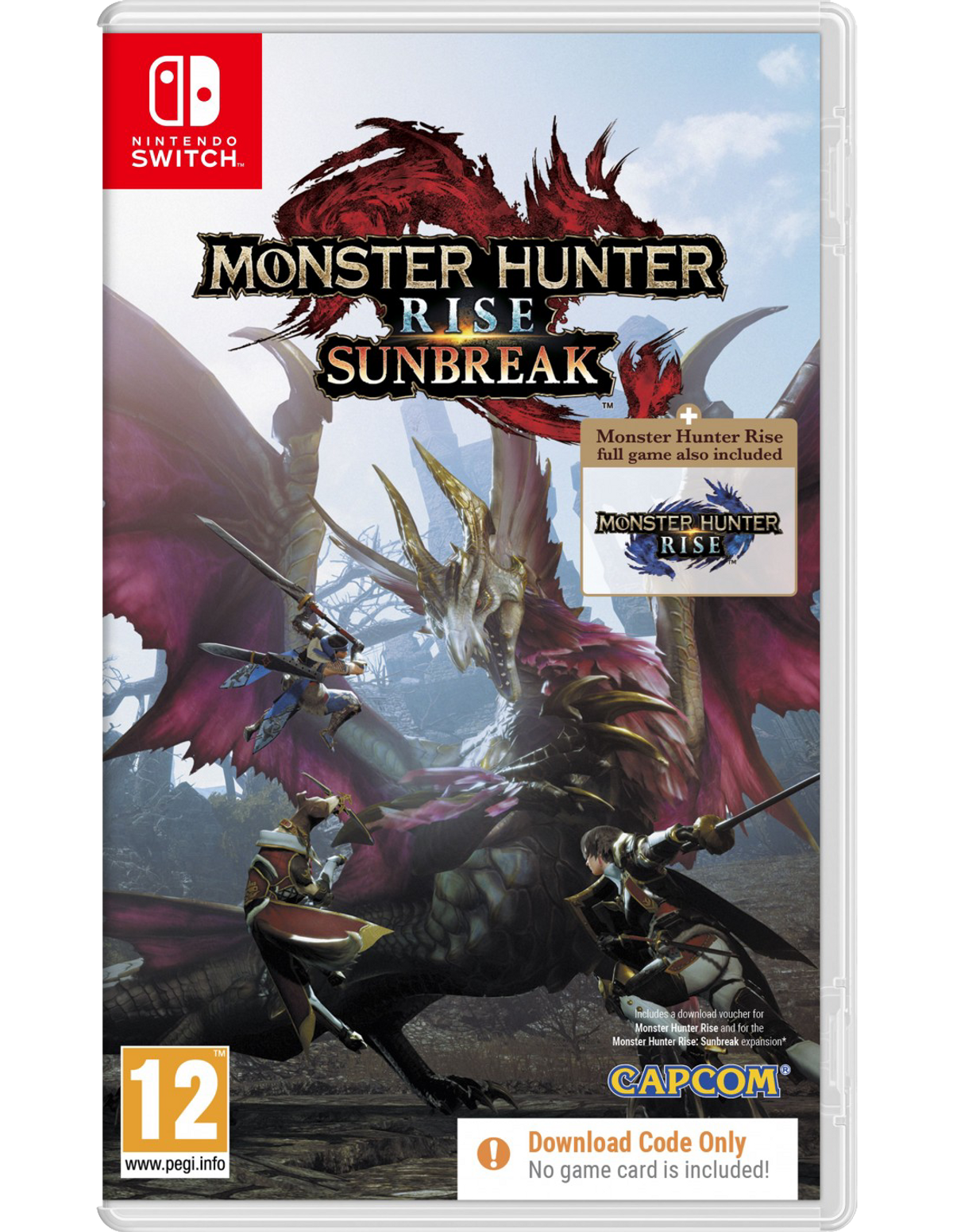 Caja del juego Monster Hunter Rise: Sunbreak. Presenta arte del juego y texto.