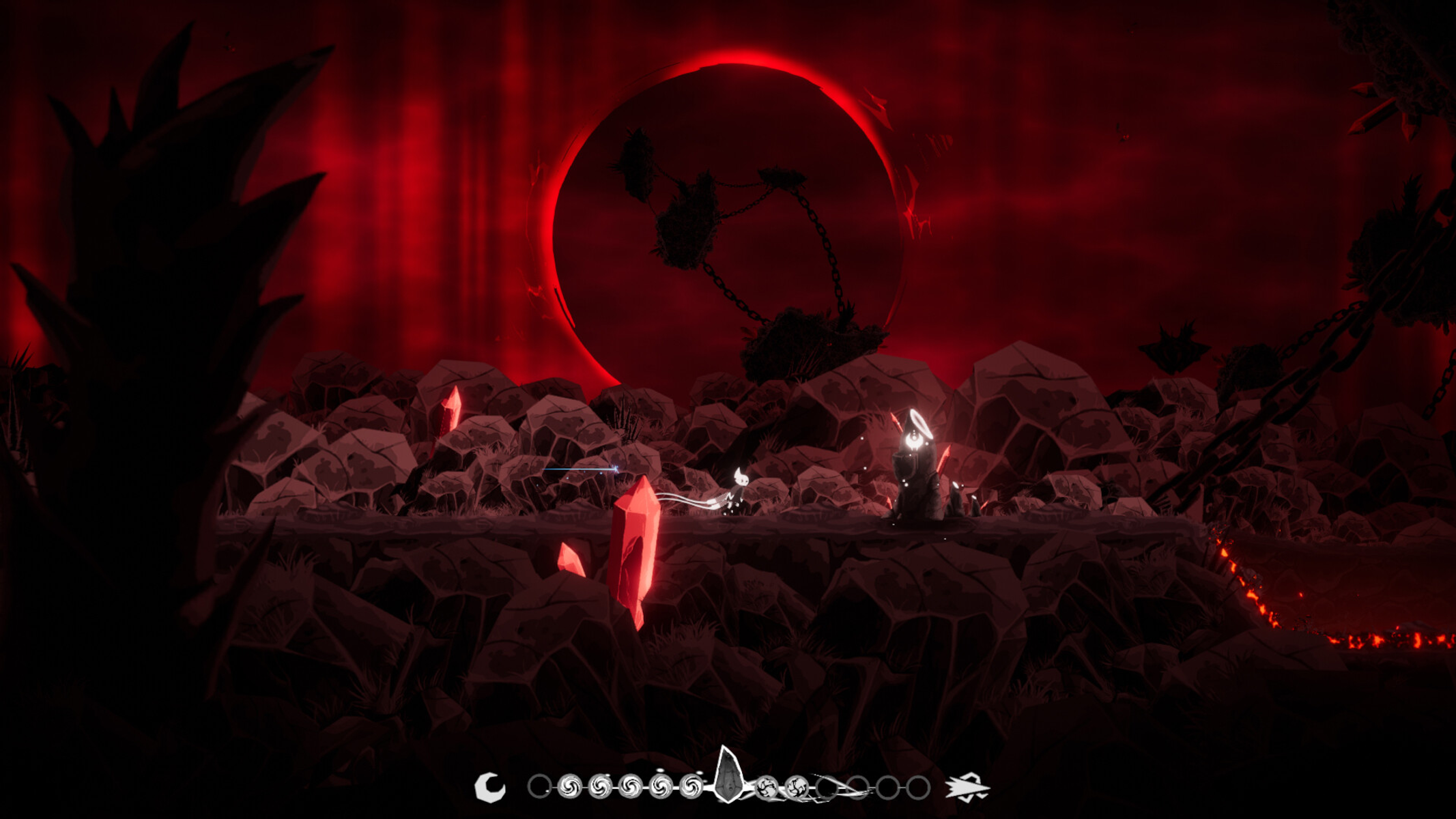 Una scena di videogioco in stile fantasy oscuro. Un personaggio combatte in un paesaggio rosso e infernale. Rocce e un grande sole rosso.
