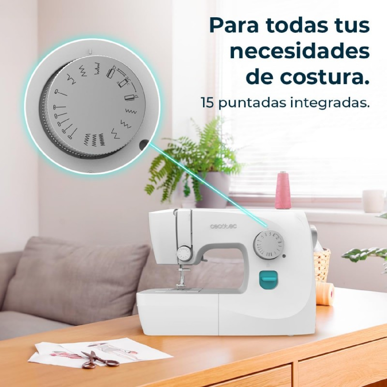 Weiße Nähmaschine mit Text 'Para todas tus necesidades de costura'.