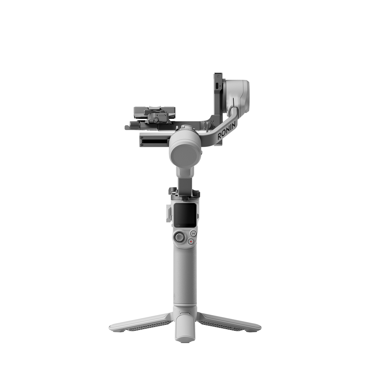 Weiß-grauer Ronin 4D Kamera-Stabilisator auf einem Ständer. Schwarzer Hintergrund.
