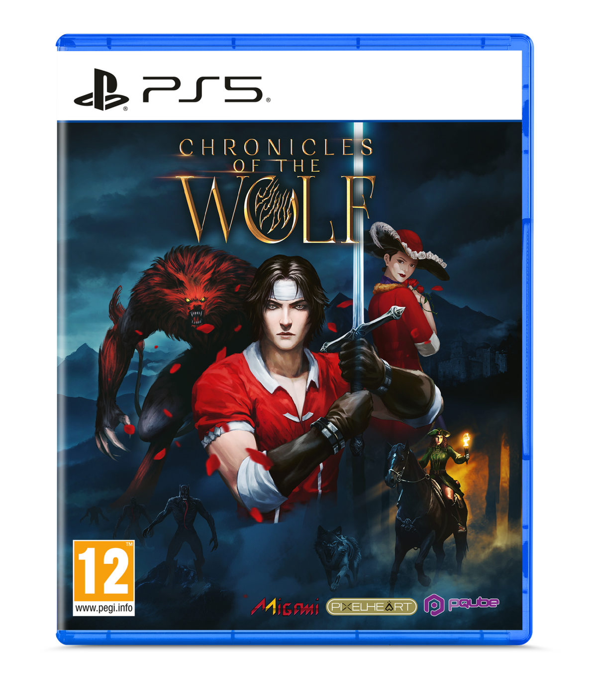 Copertina del gioco 'Chronicles of the Wolf'. Un uomo impugna una spada, un lupo mannaro e una donna con un vestito rosso.