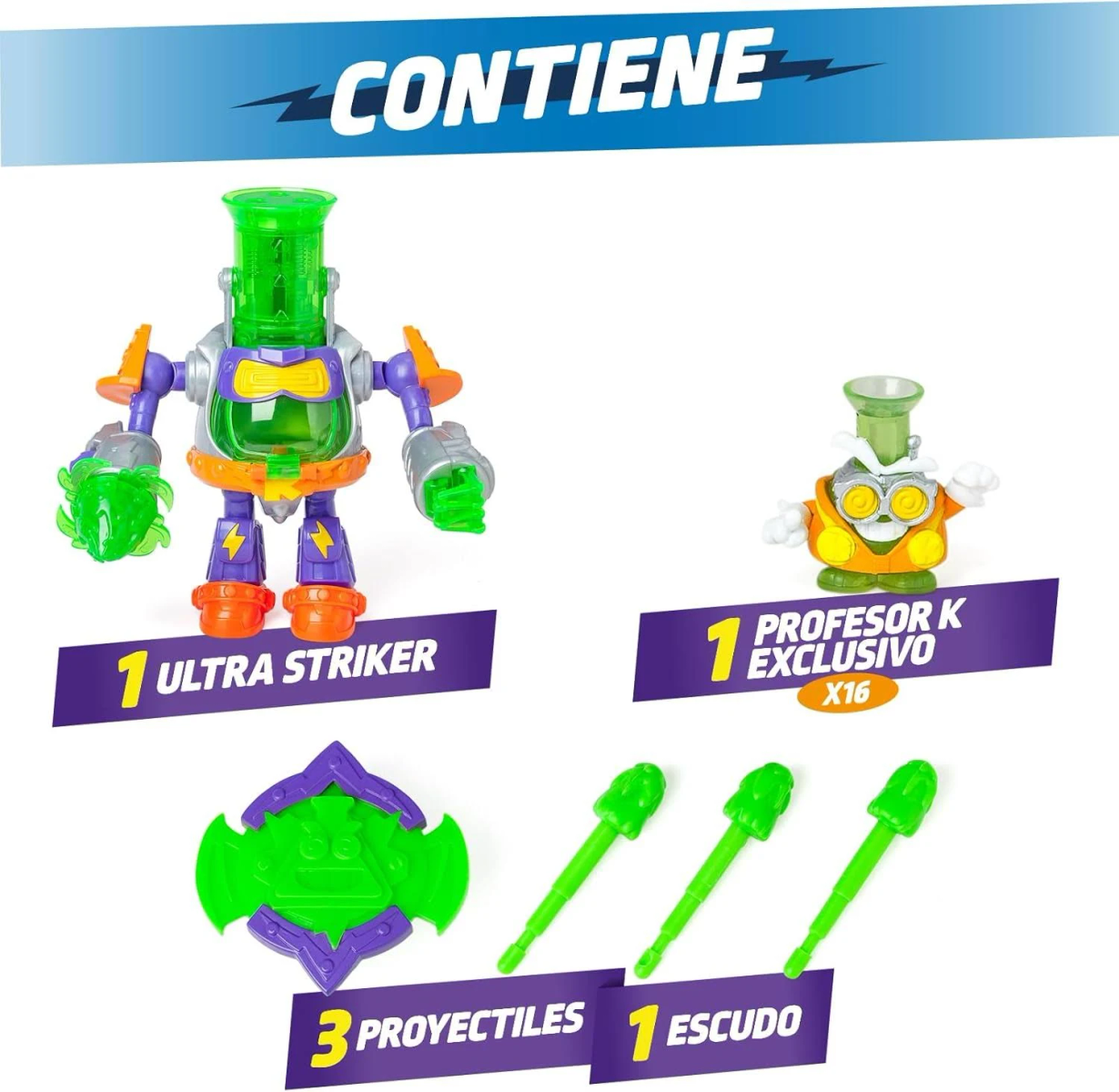 Juguetes SuperThings, incluyendo un robot, un profesor, un escudo y proyectiles.