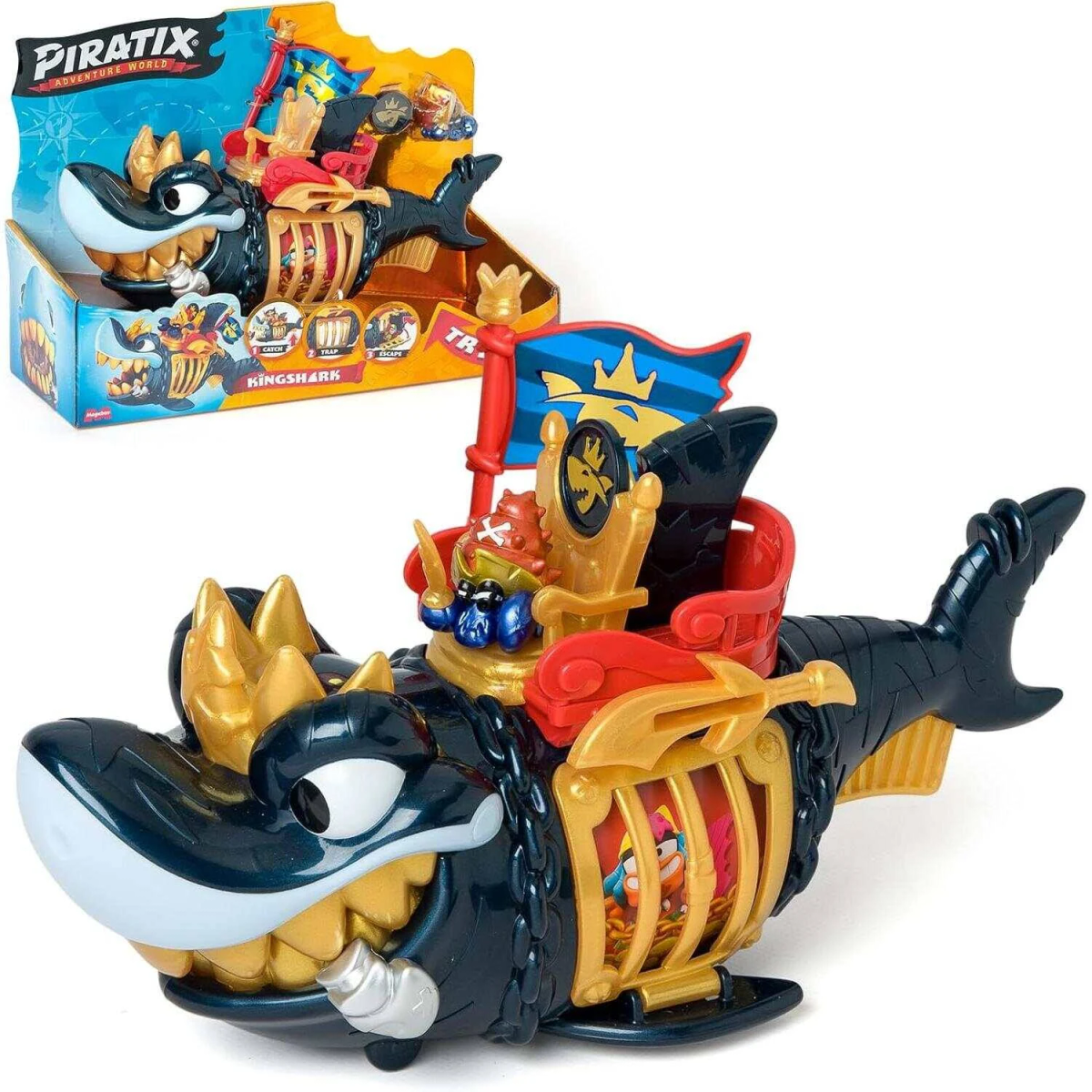 Tiburón de juguete temático pirata con jaula, trono y bandera. Caja con más juguetes en el fondo.