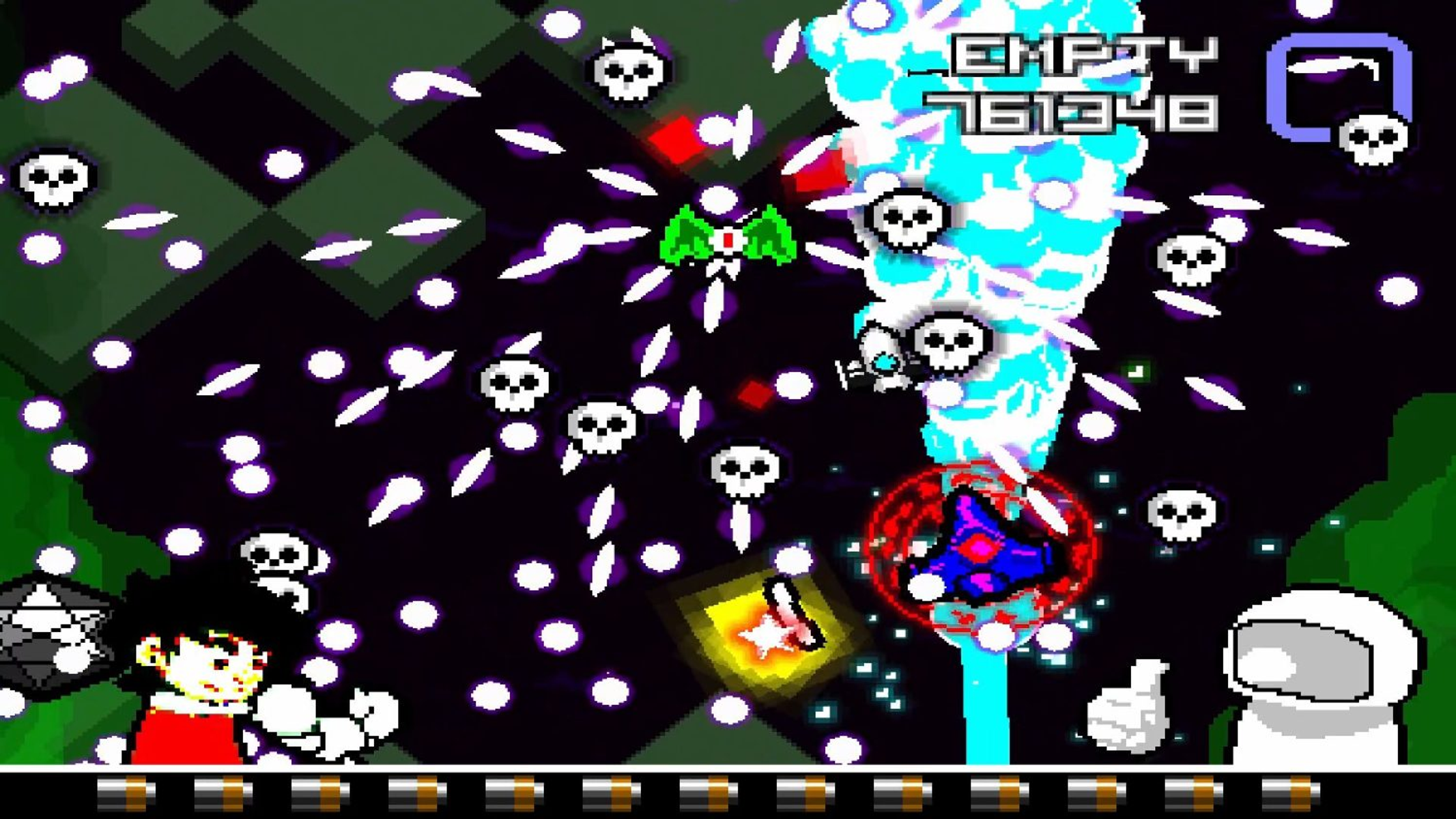 Schermo di videogioco pixelato con personaggi, nemici e molta azione.