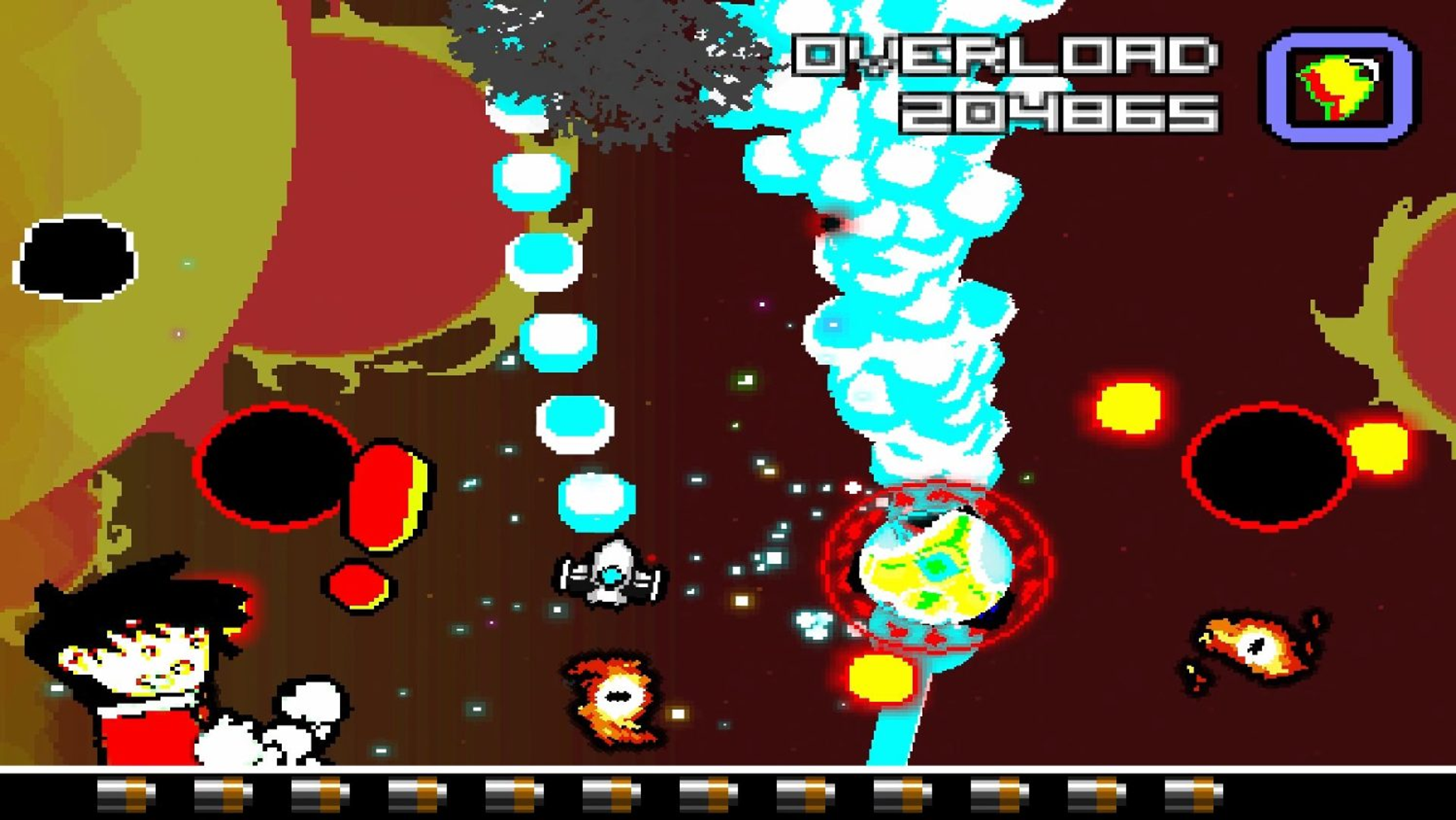 Scena di gioco pixelata con un personaggio che combatte i nemici.