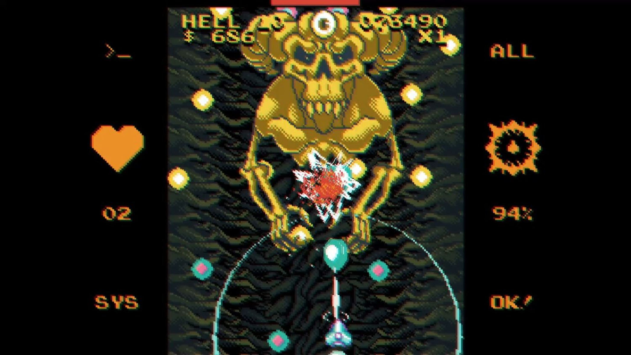 Schermo di un videogioco arcade retrò. Un boss scheletrico che spara a un'astronave.