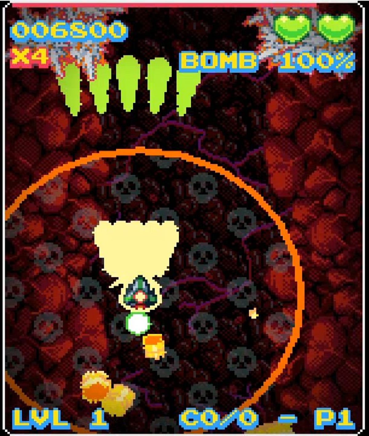 Schermo di gioco pixelato con un'astronave, nemici ed elementi dell'interfaccia di gioco.
