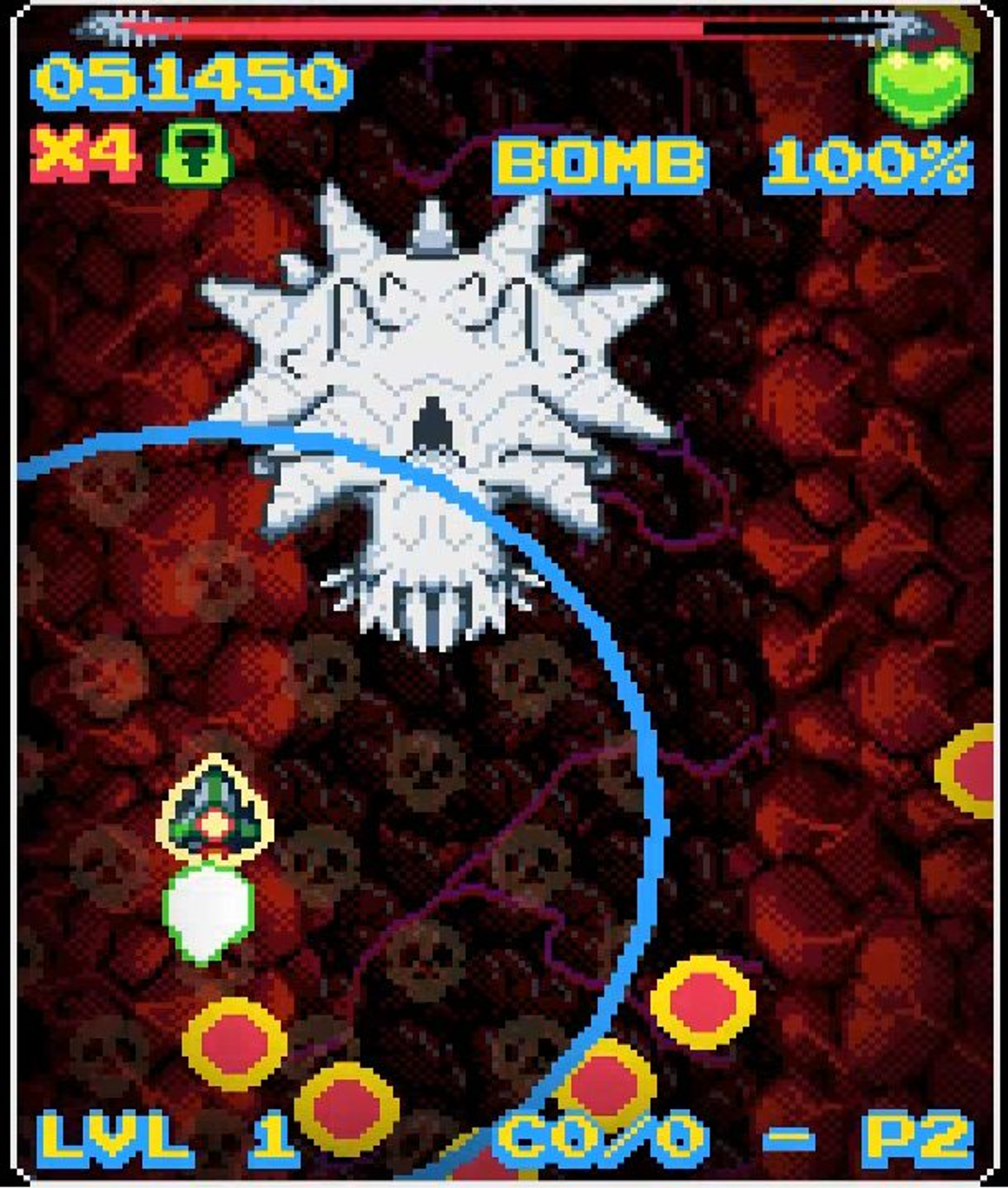 Schermo di gioco pixelato. Una figura bianca a forma di teschio è al centro, con testo e altri elementi di gioco.