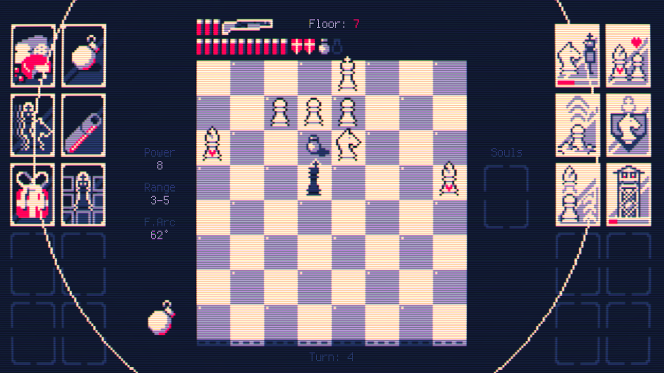 Un plateau de jeu en pixel art avec des pièces d'échecs et des éléments d'interface.