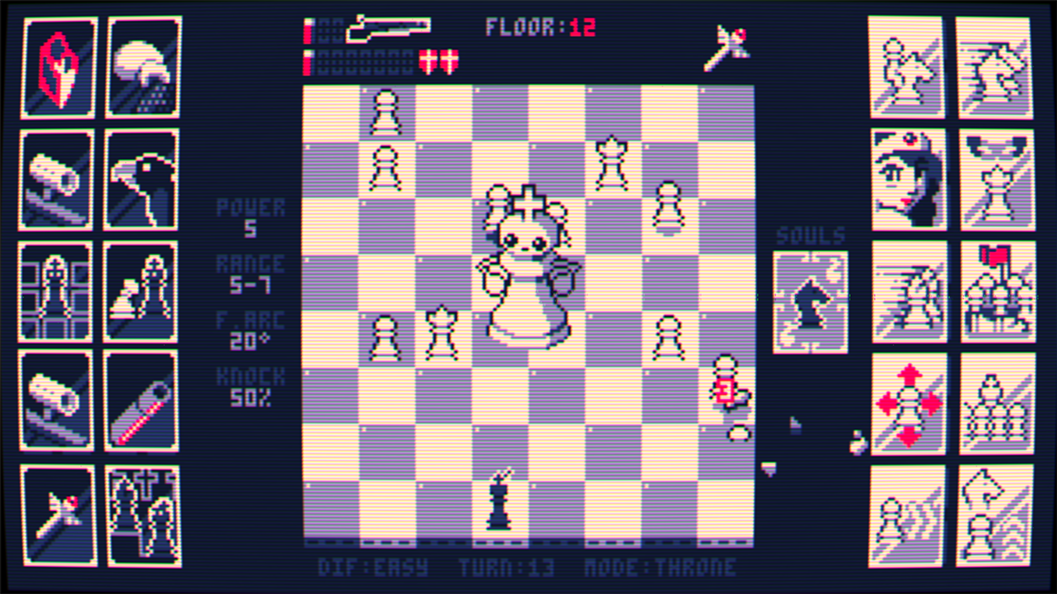 Un'interfaccia di gioco di scacchi pixelata. Scacchiera con pezzi, info di gioco e icone dei personaggi.