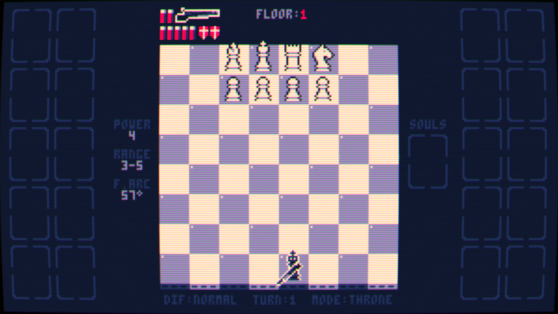 Una schermata di gioco in stile retrò con una scacchiera e i pezzi. Il testo mostra le info di gioco e l'HUD.