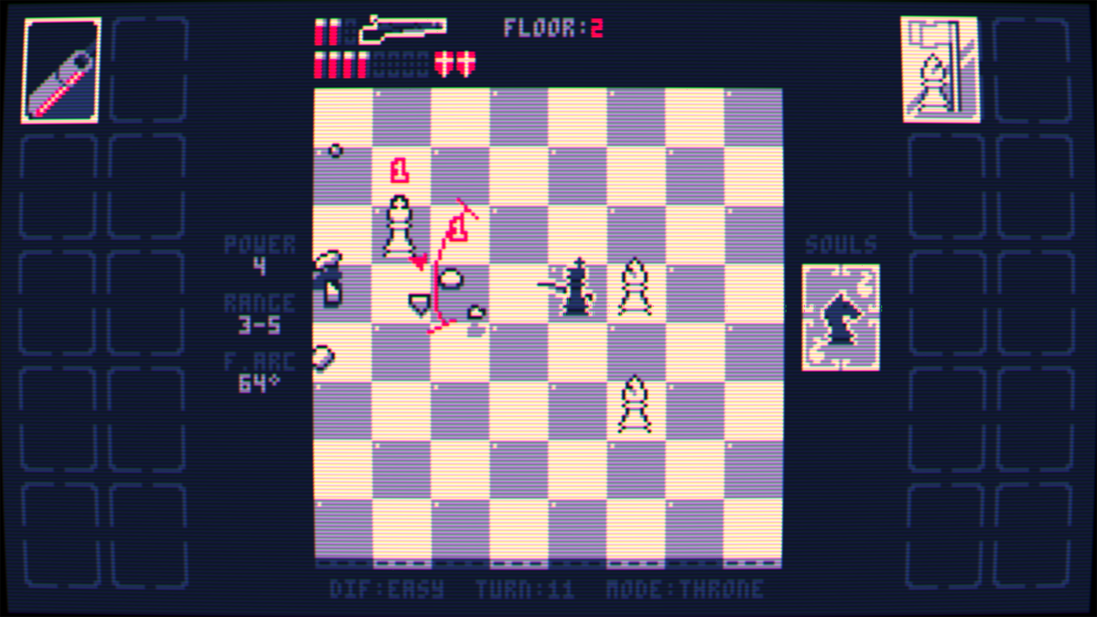 Un gioco di scacchi pixelato con una scacchiera, elementi dell'interfaccia di gioco e pezzi disposti sulla scacchiera.