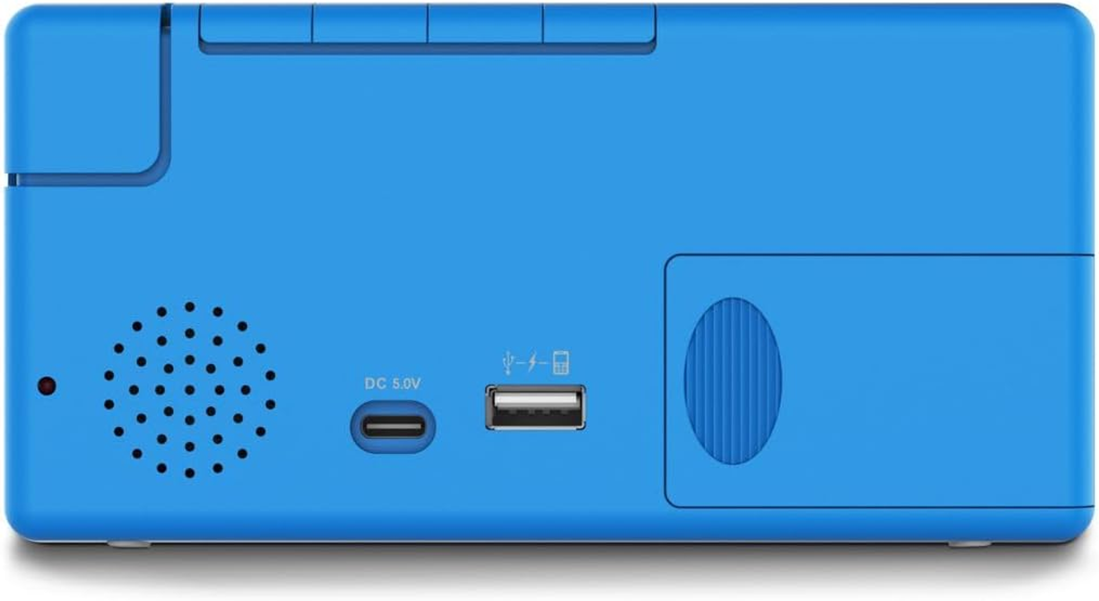 Retro di un dispositivo blu con porte per alimentazione, USB e audio, e un altoparlante.