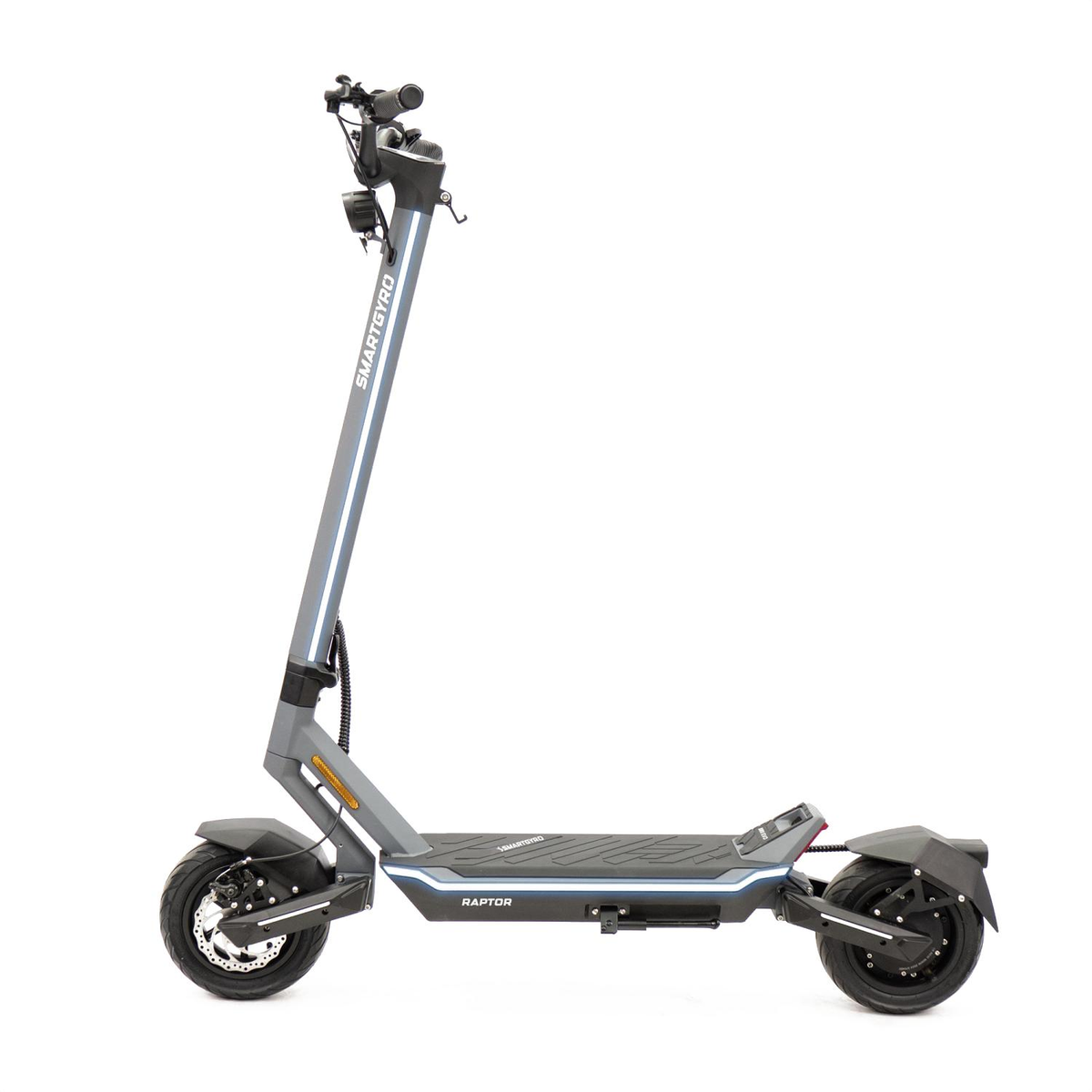Scooter eléctrico Smartgyro Raptor gris y negro aislado sobre fondo blanco, vista lateral.