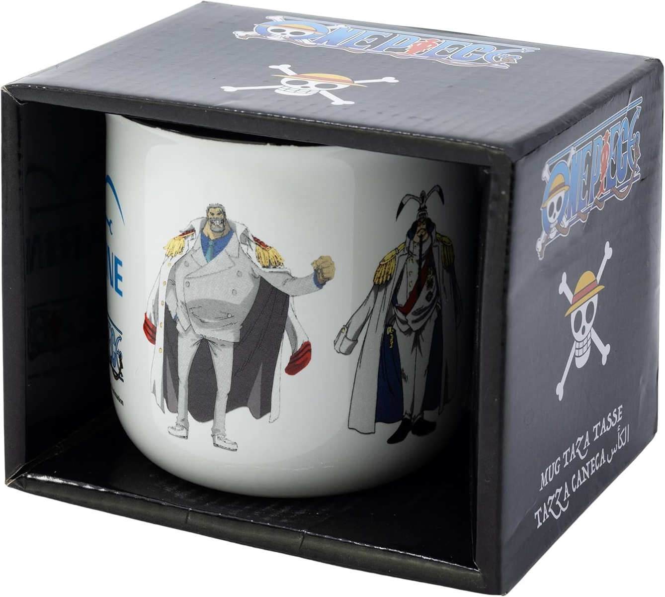 Una taza blanca dentro de una caja negra, con dos personajes de dibujos animados.