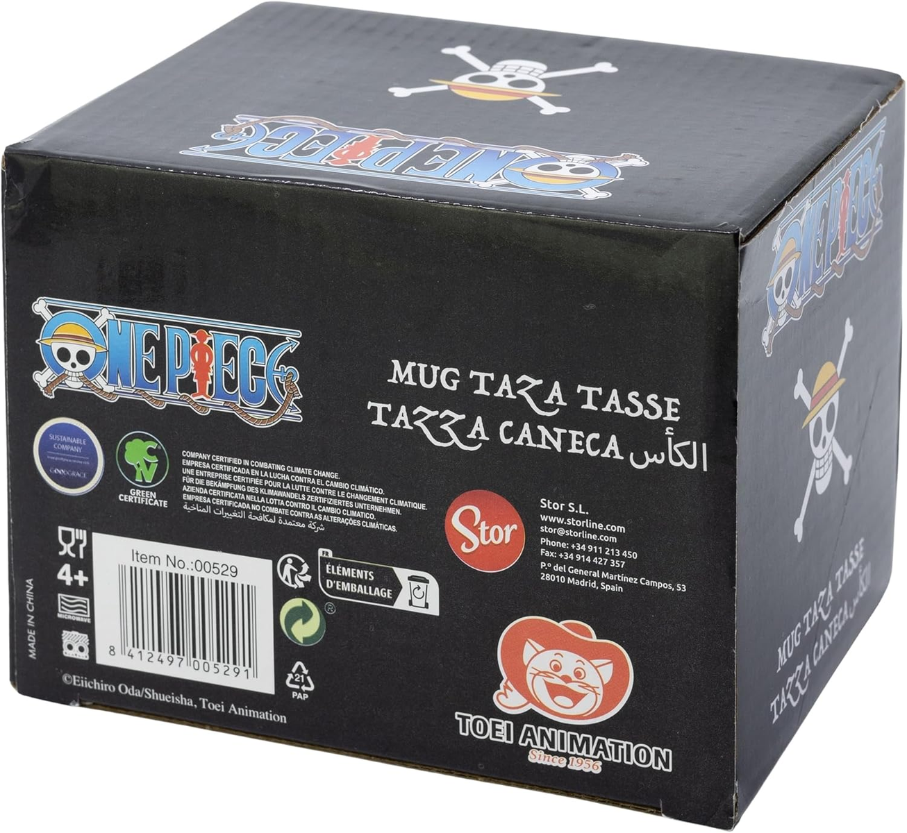 Una caja con el logo de One Piece. También se ve texto en varios idiomas y un logo de calavera.