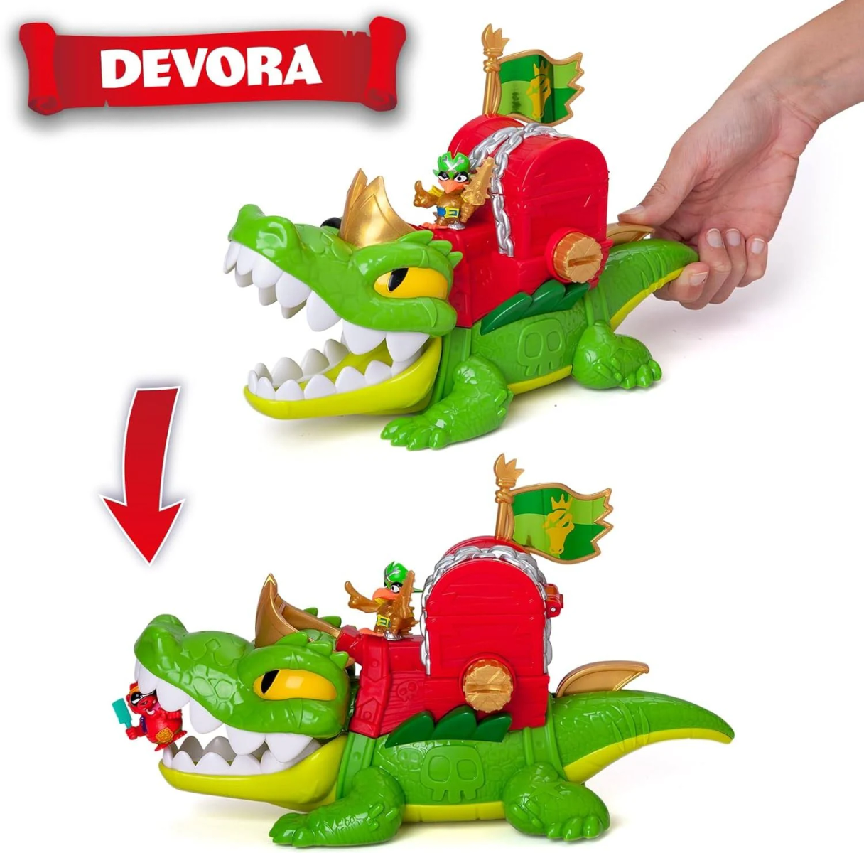 Juguete de cocodrilo verde con una figura de caballero montándolo, en dos posiciones.