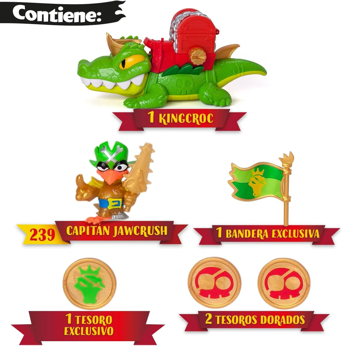 Un cocodrilo de juguete verde con un cofre del tesoro, una figura Jawcrush, una bandera y monedas.