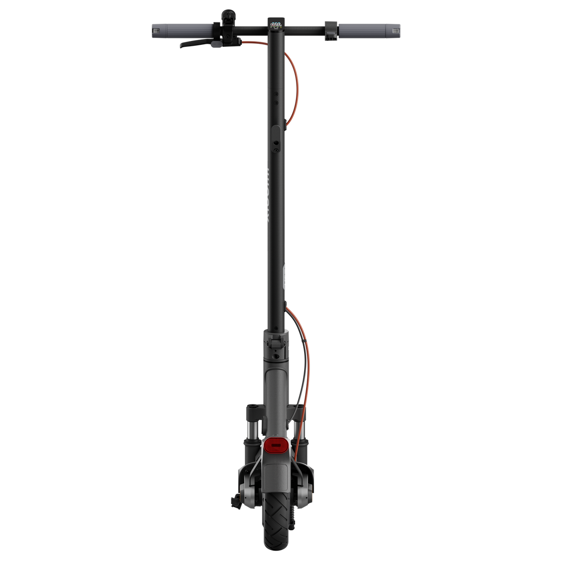 Scooter elettrico nero visto dall'alto, su sfondo nero.