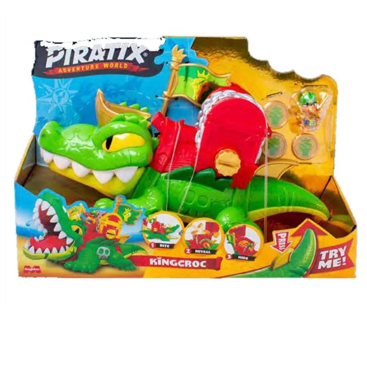 Juguete KingCroc en embalaje. Juguete de cocodrilo verde con una silla roja, una bandera pirata y monedas del tesoro.