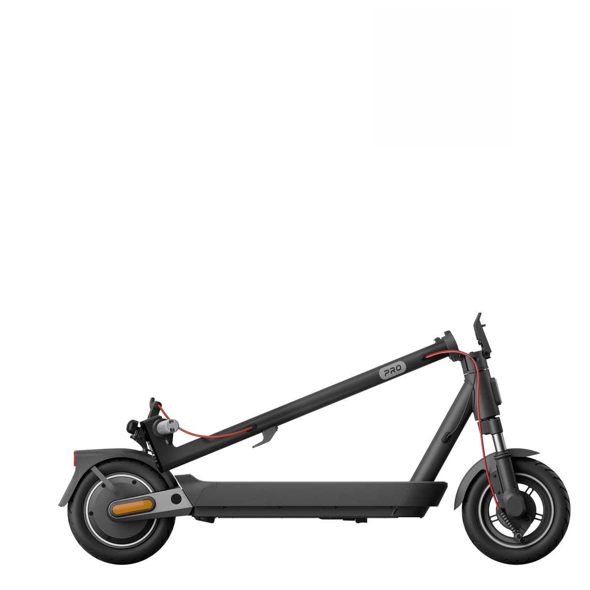 Monopattino elettrico nero con cavo rosso. Accessori nell'angolo in alto a destra. Sfondo nero.